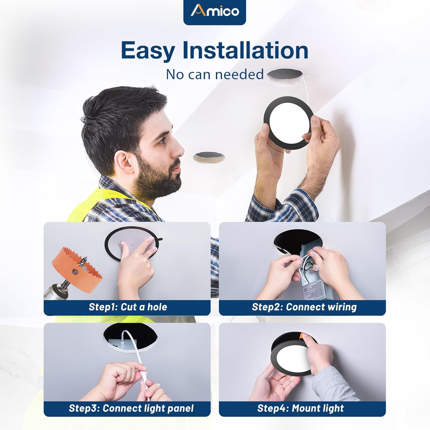 Amico 1 Pack 4 Inch 5CCT Ultra-Thin LED Recessed Ceiling Light with J-Box, 2700K/3000K/3500K/4000K/5000K Selectable, 10W Eqv 60W, Dimmable Canless Downlight, 700LM High Brightness, Black - ETL