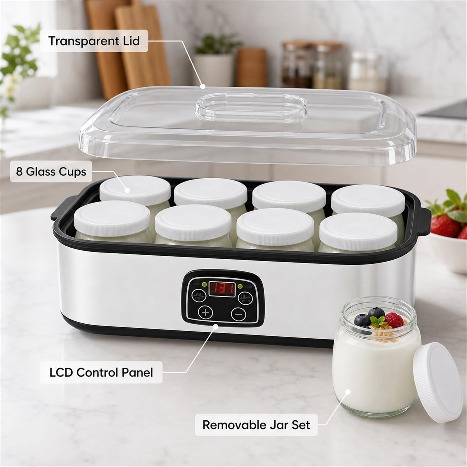 Yogurtiera Automatica con 8 Bicchieri In Vetro e Display Lcd | Finitura Argento, Preparazione Colazione Casalinga, Timer 0-48 Ore, 180 Ml X 8 Tazze, Funzionamento a 25 W