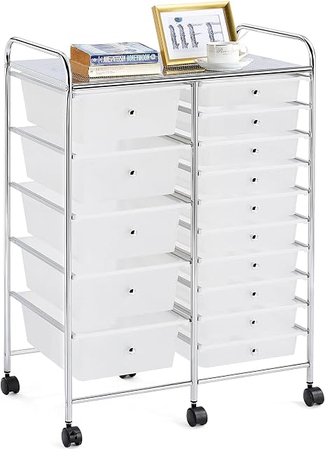 Yaheetech Storage Trolley Cart On Lockable Wheels | White 15 Drawers Storage Unit For Salon, Beauty, Make Up, Home, Office Organiser (15 Drawers, White)