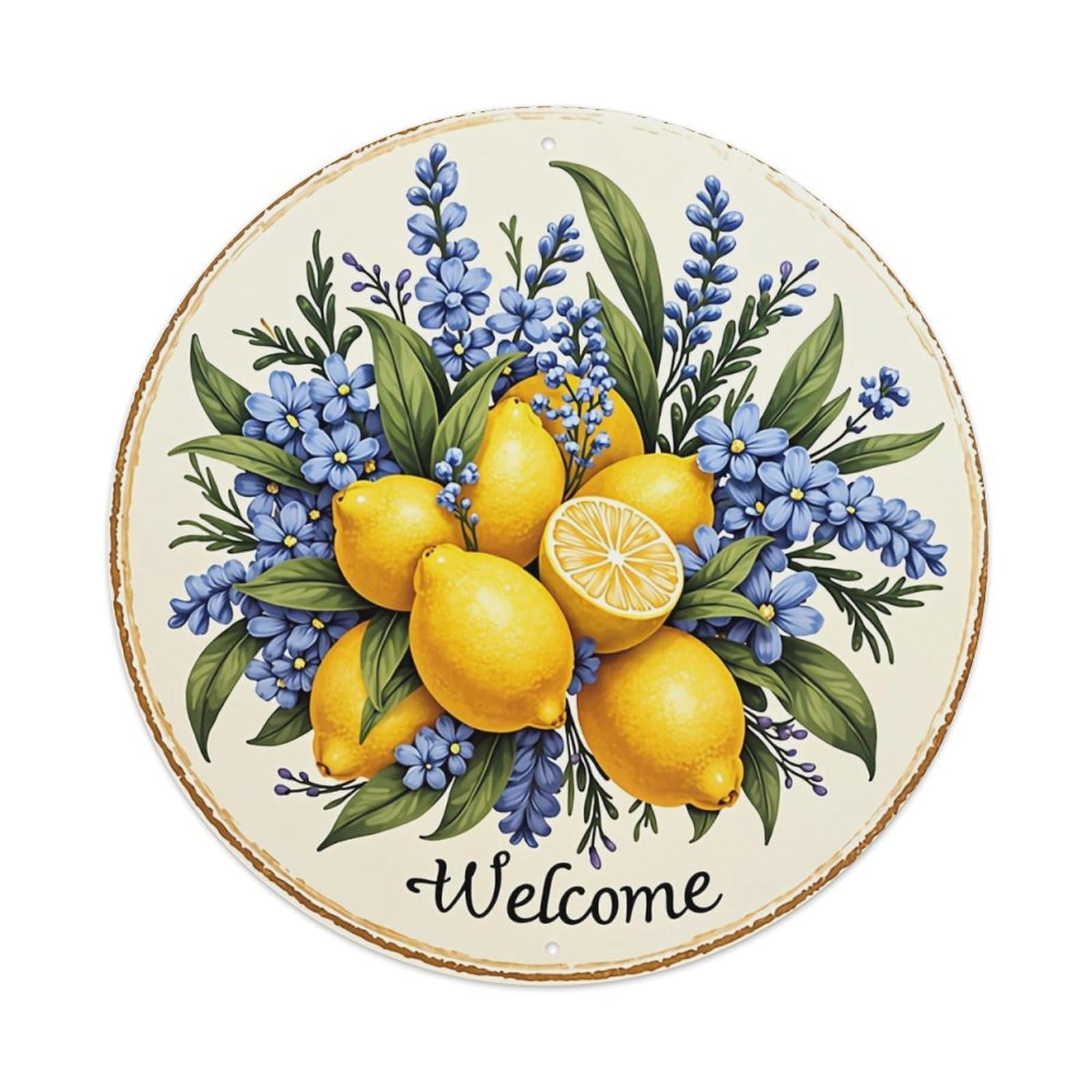 Lemon Blue Flowers Welcome Pattern Tin Sign Metal Poster Vintage Metal Signs for Home Man Cave Bar Cafe Kitchen laundry room Wall Decorations Gift 8x8Inch