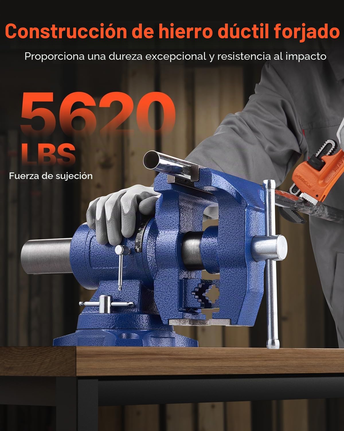 VEVOR Tornillo de Banco de Alta Resistencia con Yunque Ancho de Mordaza de 165 mm Apertura Máxima de 125 mm Cabezal de Base Giratorio de 360°, Garganta de 75 mm Fuerza de Sujeción de 24,98 kN
