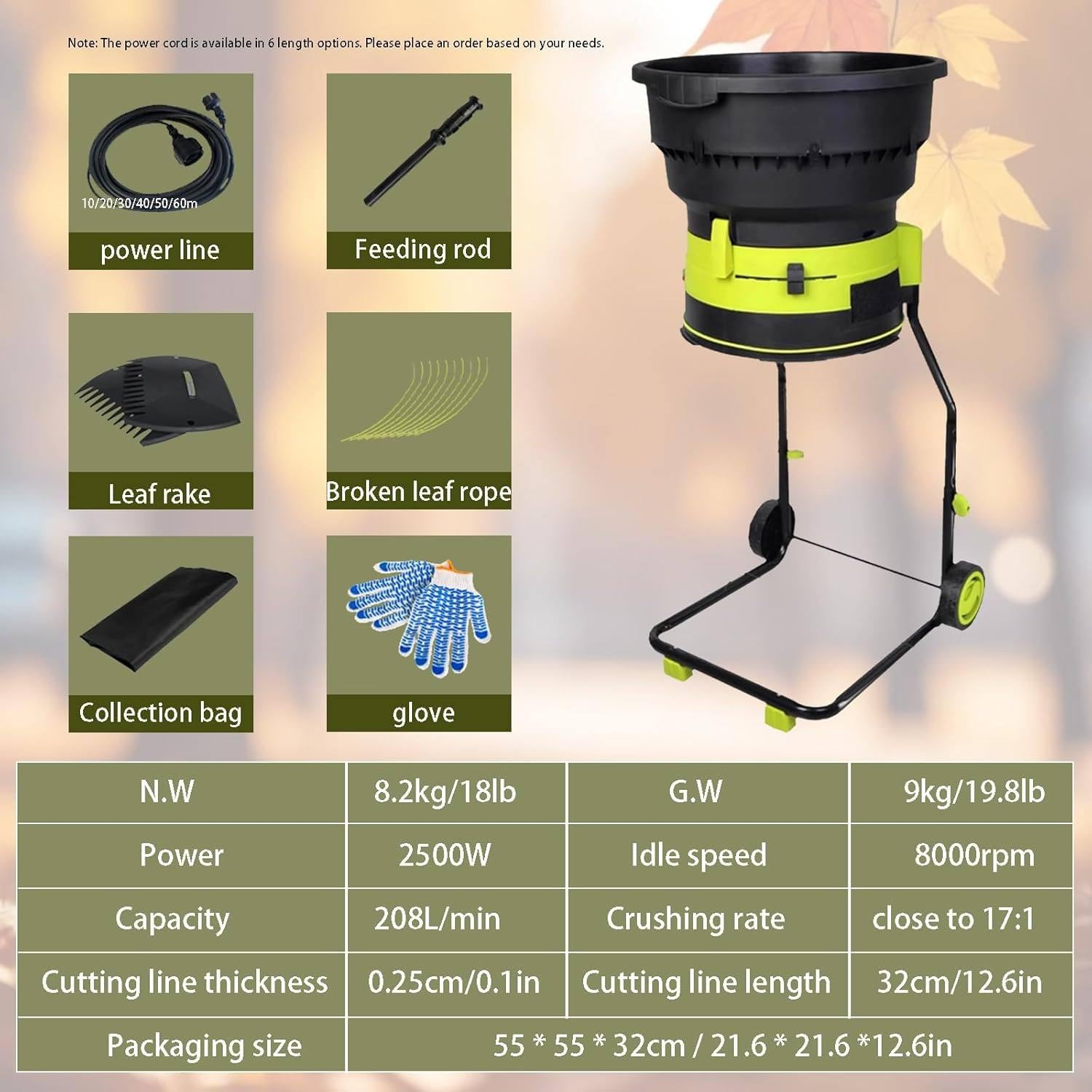 Trituradora eléctrica de hojas, trituradora de abono de 2500 W, trituradora de jardín de 8000 RPM con ruedas y bolsa de almacenamiento para limpieza de patio, compostaje de 50 mxcable de alimentación