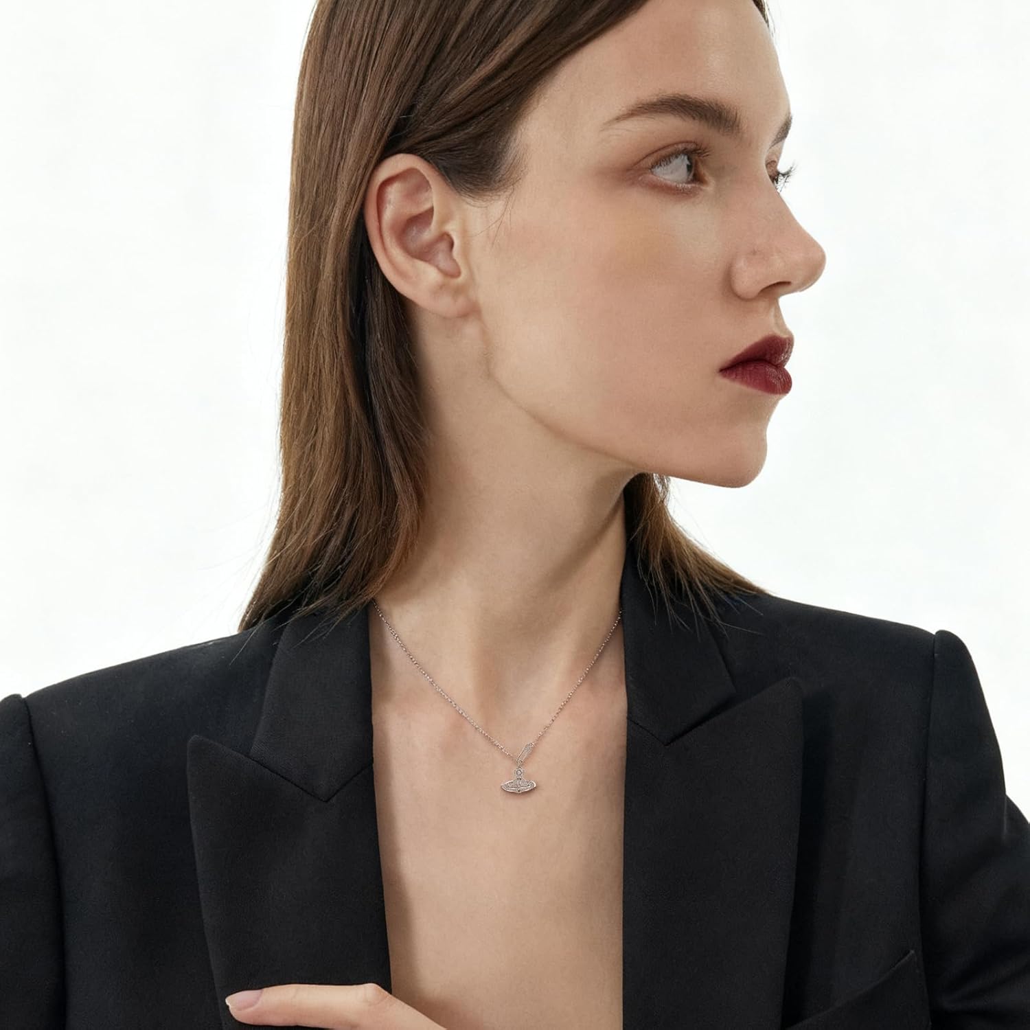 Unique Pin & Zircon-Embellished Saturn Pendant Necklace, Platinum-Plated 925 Sterling Silver,15.35"+1.57" Extender Chain,Surprise Your Wife,Girlfriend,Mother,or Best Friend on Birthdays,Anniversaries,Christmas,or Ggraduations - Image 3