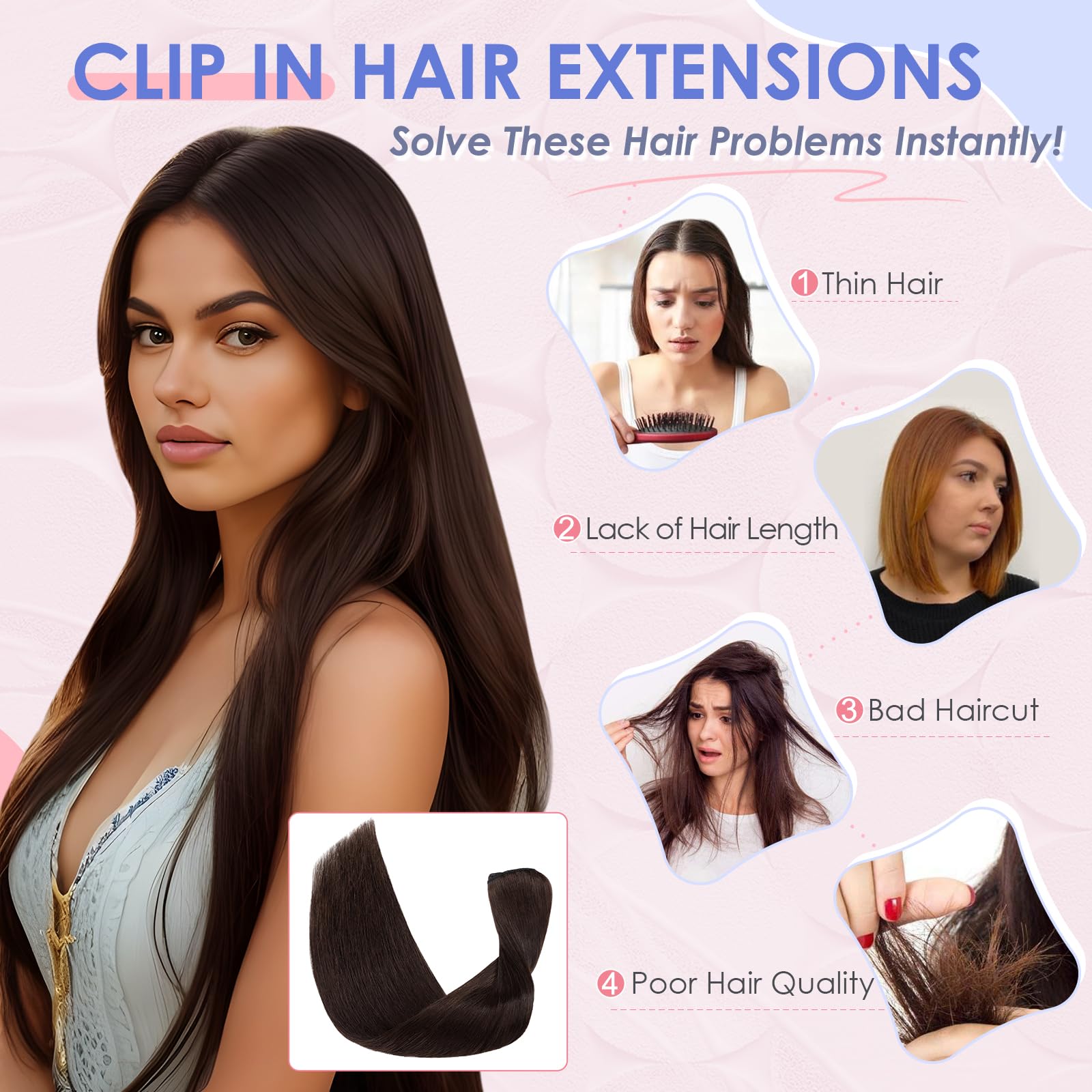 Elailite Clip in Hair Extensions Real Human Hair - 8 Pieces Thin Weft Full Head Remy Hair Straight - #2 Dark Brown - 20 Inch (70 g) - Image 2
