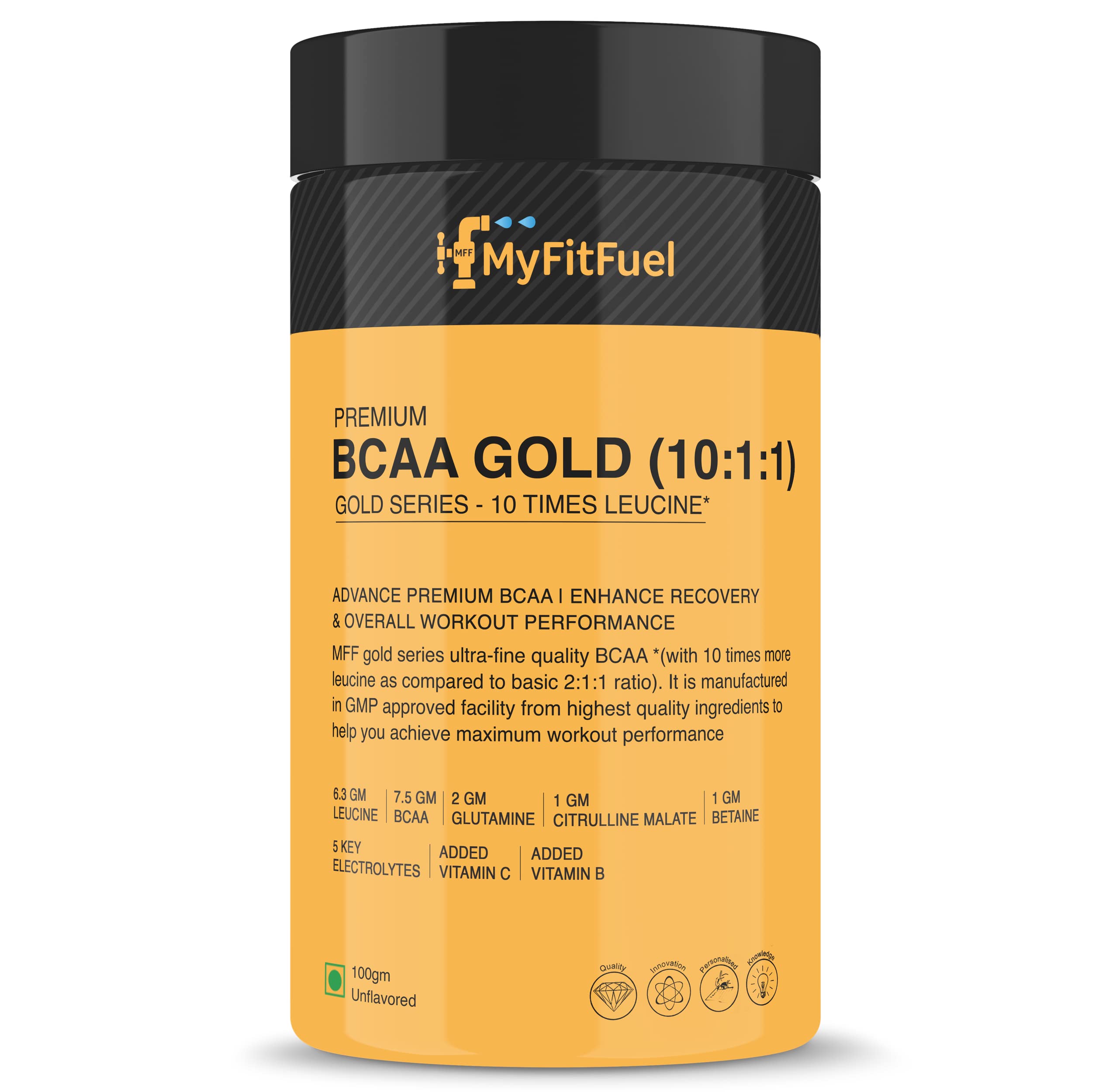 MyFitFuel Premium BCAA Gold (10:1:1), (10 Time Leucine) BCAA, Glutamine, Electrolytes, Betaine, Citrulline Malate, Vitamins. Best Intra Workout Energy Supplement For Men & Women (100g, Unflavored) (B07MBMLC83) Amazon Price History, Amazon Price Tracker