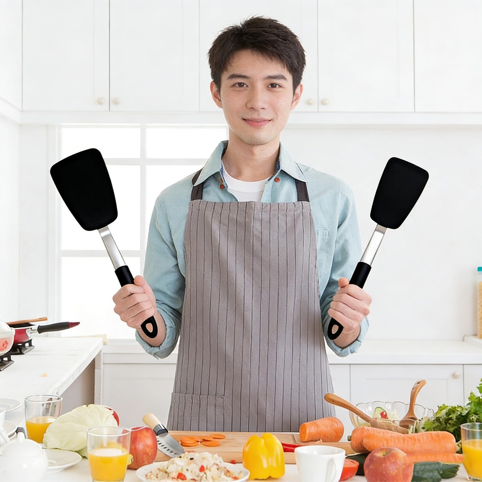 Spatola in Silicone per Cucina 2 Pezzi, Set di Palette da Cucina Flessibili con Anima in Acciaio per Padelle Antiaderenti, Resistente al Calore 230°C per Frittate, Bistecche, Pancake (Nero)