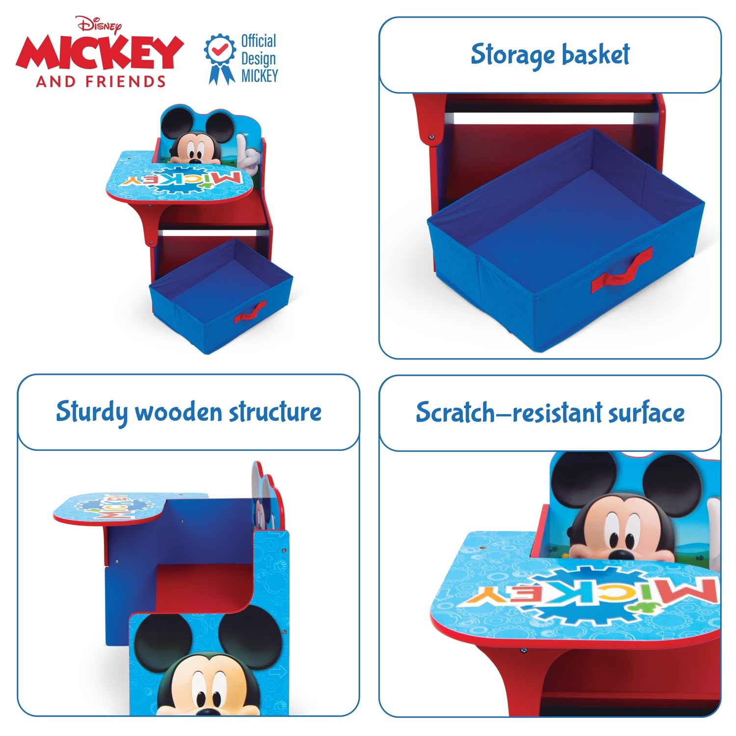 ARDITEX - Sedia-Banco infantile in legno con contenitore in tessuto di Mickey Mouse di Disney - 62x30x60cm - Colore Rosso - Ideale per attività creative, studio o gioco.