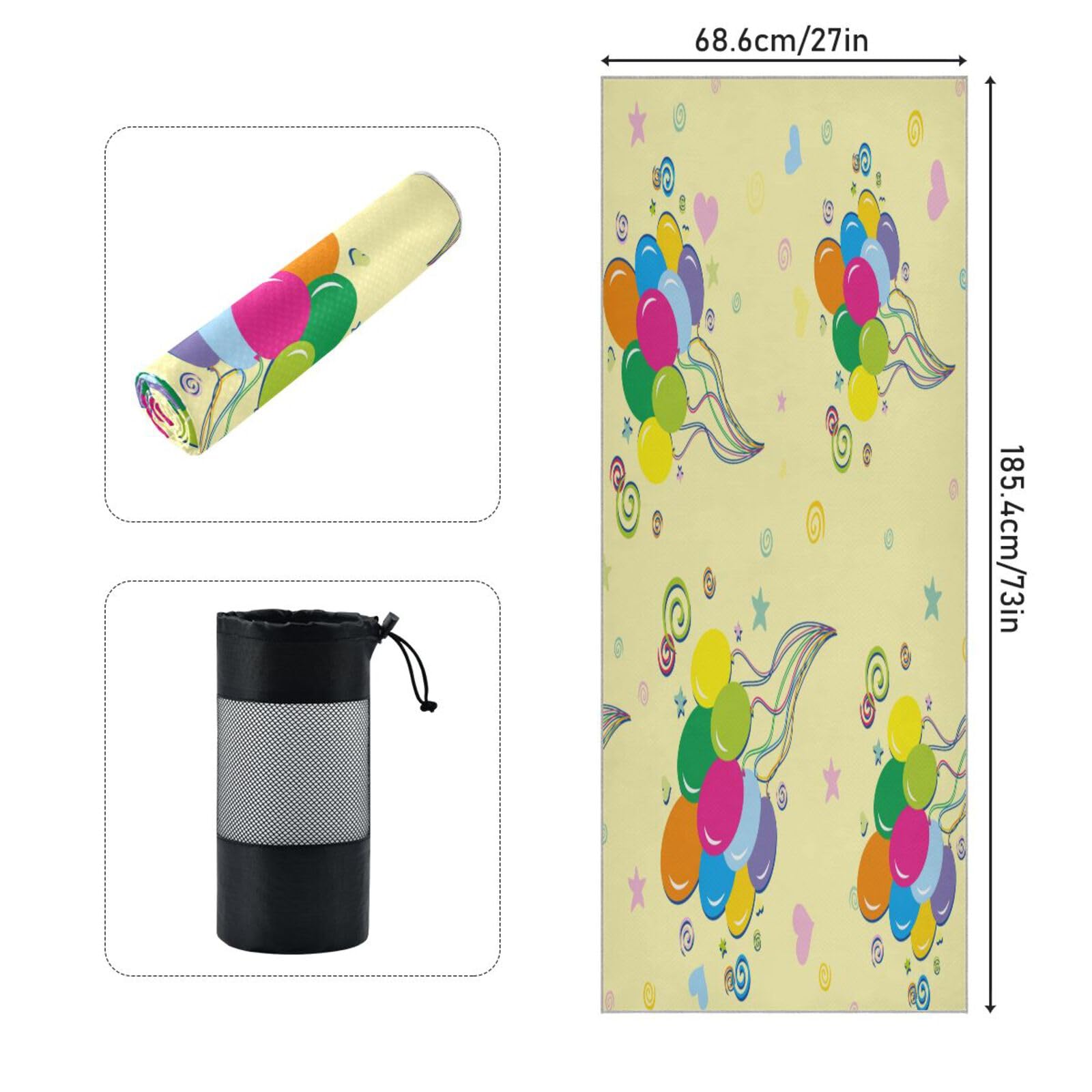 pnyoin Beautiful Birthday Balloon Yoga Towel,Hot Yoga Mat Towel with Grip Dots Sweat Absorbent Non-Slip for Hot Yoga, 24