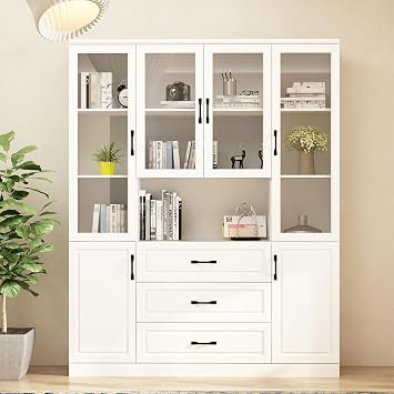 Homsee Tall Bookcase Bookshelf with Storage Shelves, 3 Drawers & 4 Glass Doors, Wooden Display Storage Cabinet with 11 Compartments for Home Office, Living Room, White 63W x 15.7D x 78.7H