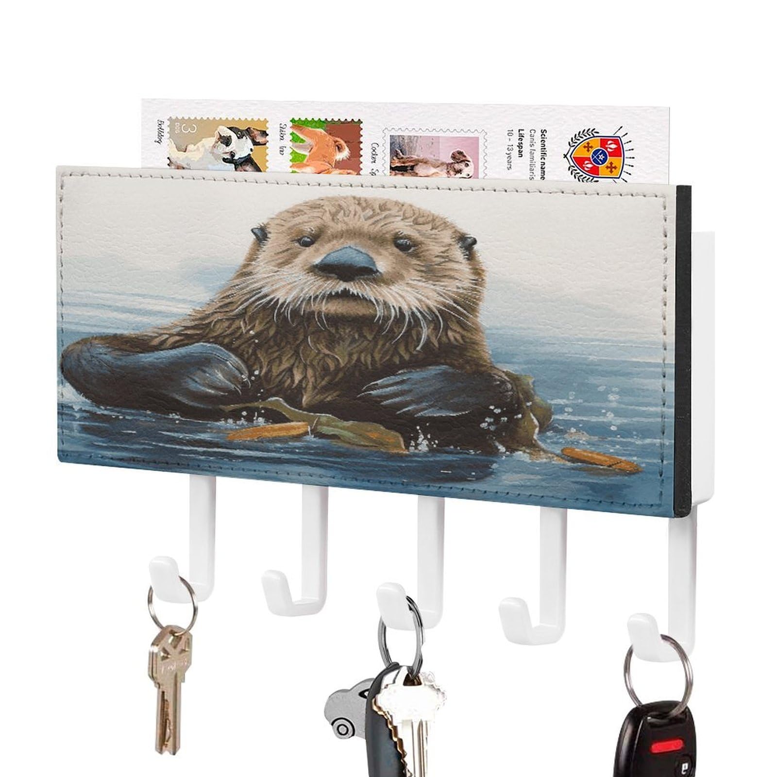 FekiLoot Sea Otter Key Holder for Wall Decorative Mail Organizer with 5 Key Hook Self Adhesive Key Rack with Tray Coat Rack Wall Mount Key Hanger Decor for Entryway Door