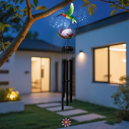 Miniatura 2 de MUMTOP Campanillas de viento solares para exteriores  Colibrí con luces de bola de vidrio de grieta de loto, campanillas de viento únicas para