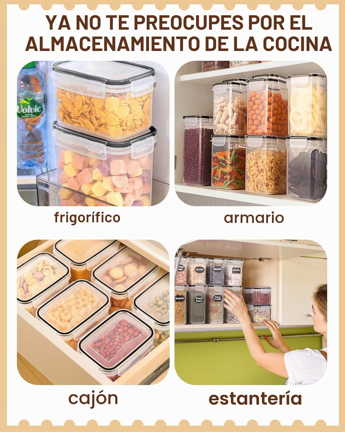 heuchaey Juego de 24 tarros con tapa, caja de almacenamiento de cocina de plástico con pegatinas, pincel y cuchara, recipientes para cereales, harina, pasta, sin BPA