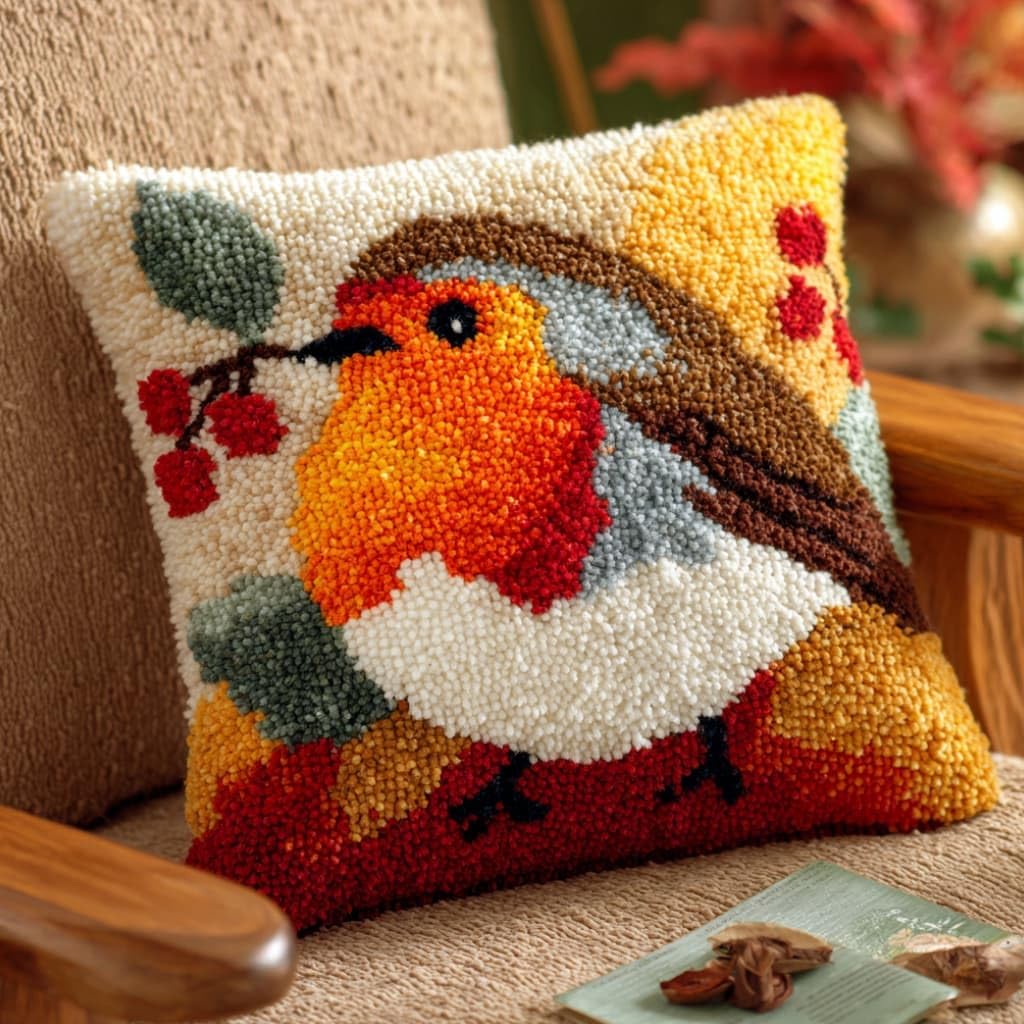 WallustrioaW Latch Hook Pillow Case Kits,Bird 17X17 Inch Latch Hook Cushion Cover Kit,Knitting Kits Cushion for Adults Rug Making Kit for Starters