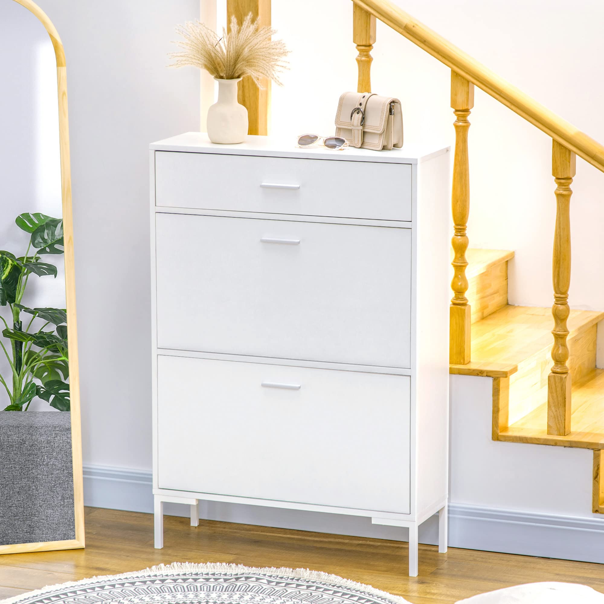 HOMCOM Mobile Portascarpe, Scarpiera Moderna per 12 Paia di Scarpe con 2 Ante a Ribalta e Cassetto, in Truciolato, MDF e Metallo, 75x26x110 cm, Bianco