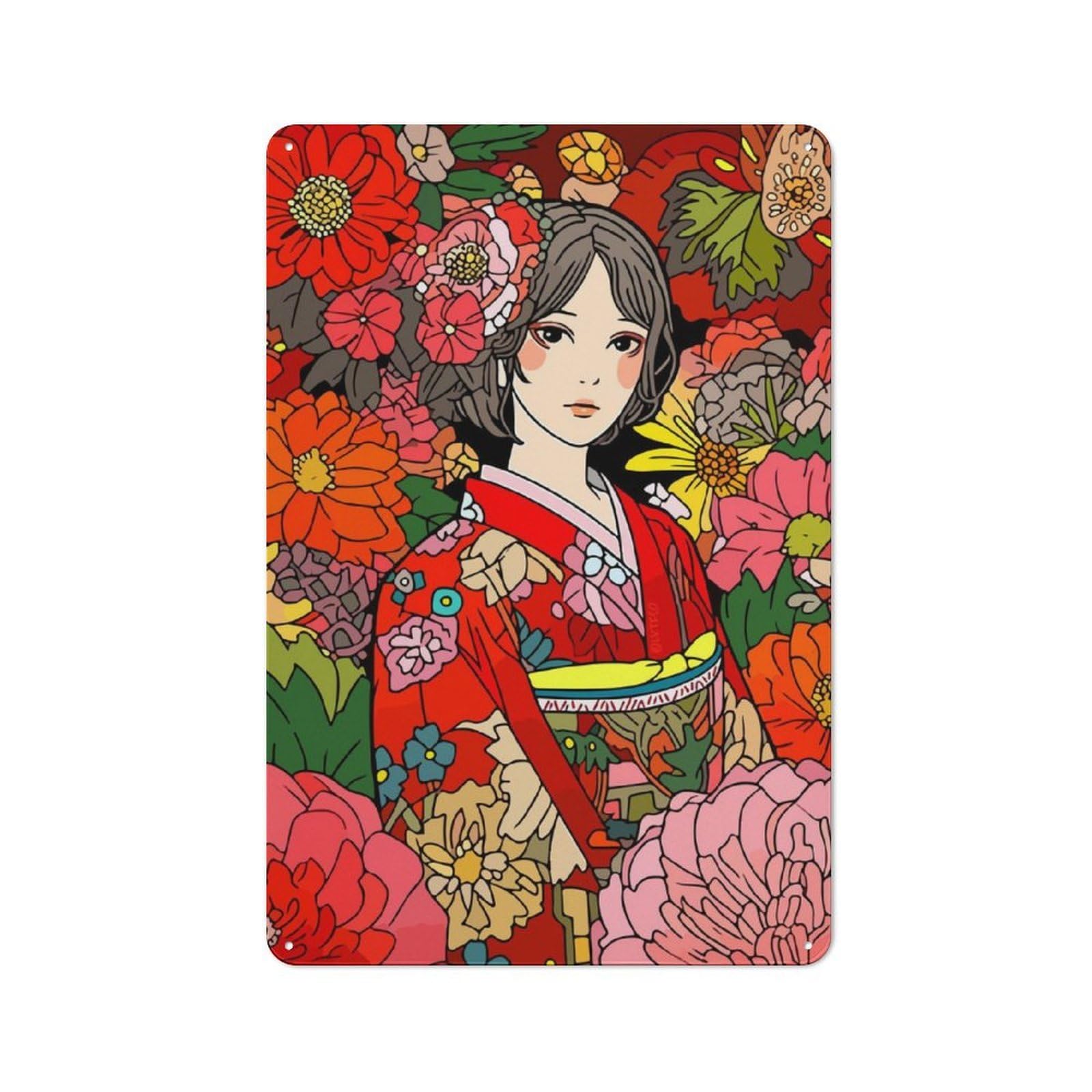 Junmoney Girls Kimono Sakura Art Metal Wall Sign 30X20cm, Rustic Decor For Hallway Wall, For Metal Sign Collectors, For Garage And Workshop Walls