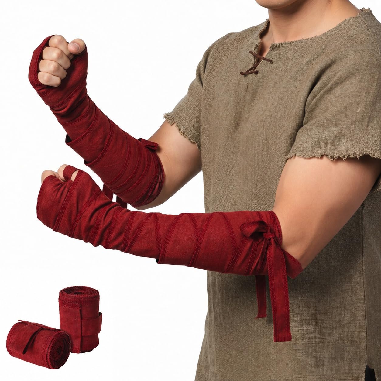 ANDHOM Medieval Hand Wraps Renaissance Bracers LARP, Cosplay, Halloween Costume Accessories, Historical Reenactment Gear (Wine Red)