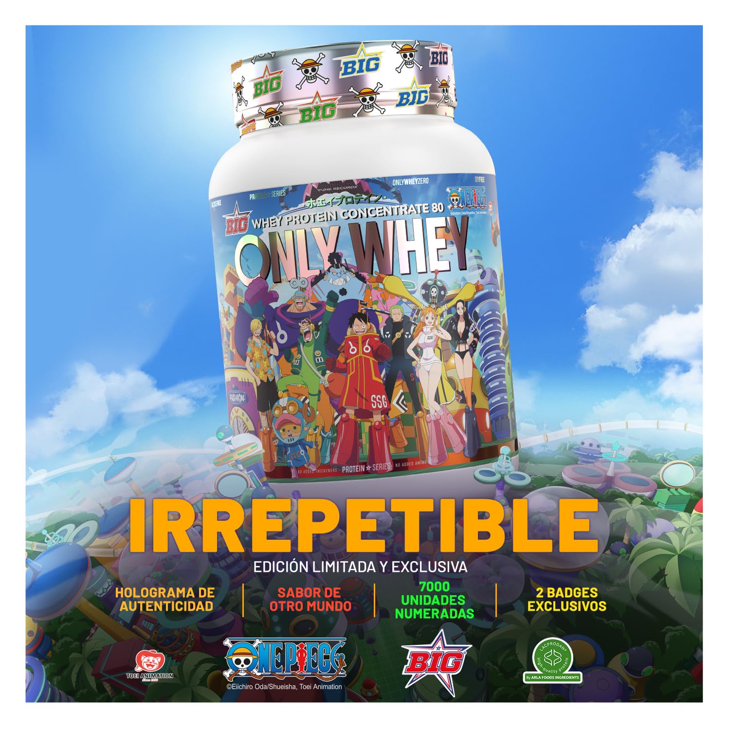 BIG - Protéine Whey One Piece - Drop édition limitée avec hologramme officiel et 12 tasses à collectionner. Whey Protein Matière première Premium pour masse musculaire (1 kg, saveur tropicale Sour