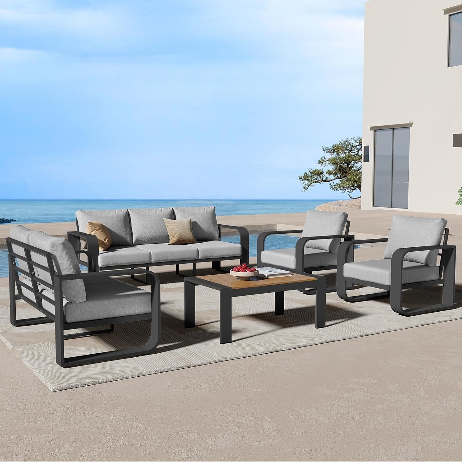 Modern Sectional Furniture Set 5 Piece Oversized Patio Conversation Sets Widened Armrest Ultra-Thick Cushions Aluminum Outdoor Patio Furniture for Backyard Porch