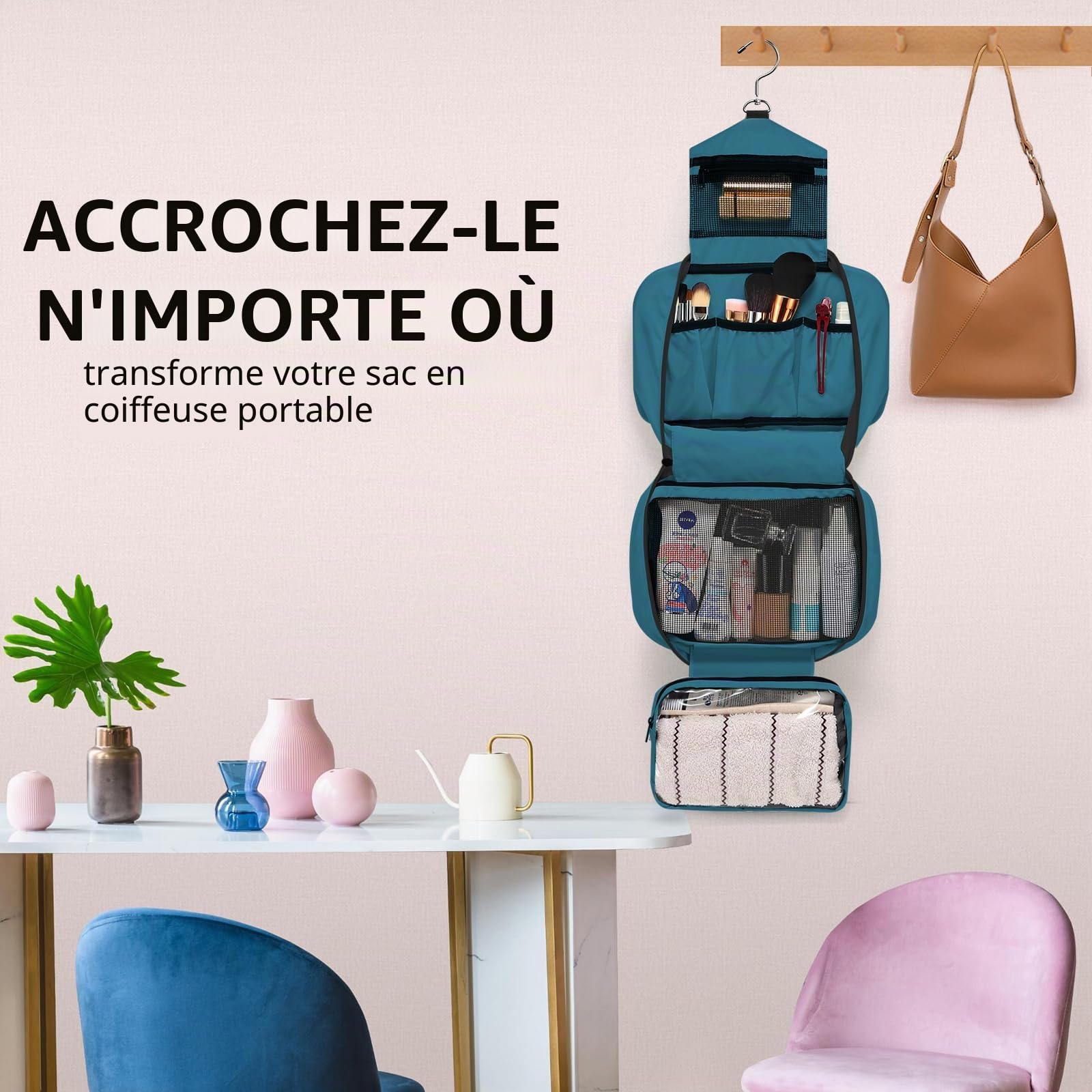trousse de toilette à suspendre pour homme et femme, grande capacité, 4 compartiments, pliable et compact, vert émeraude, M