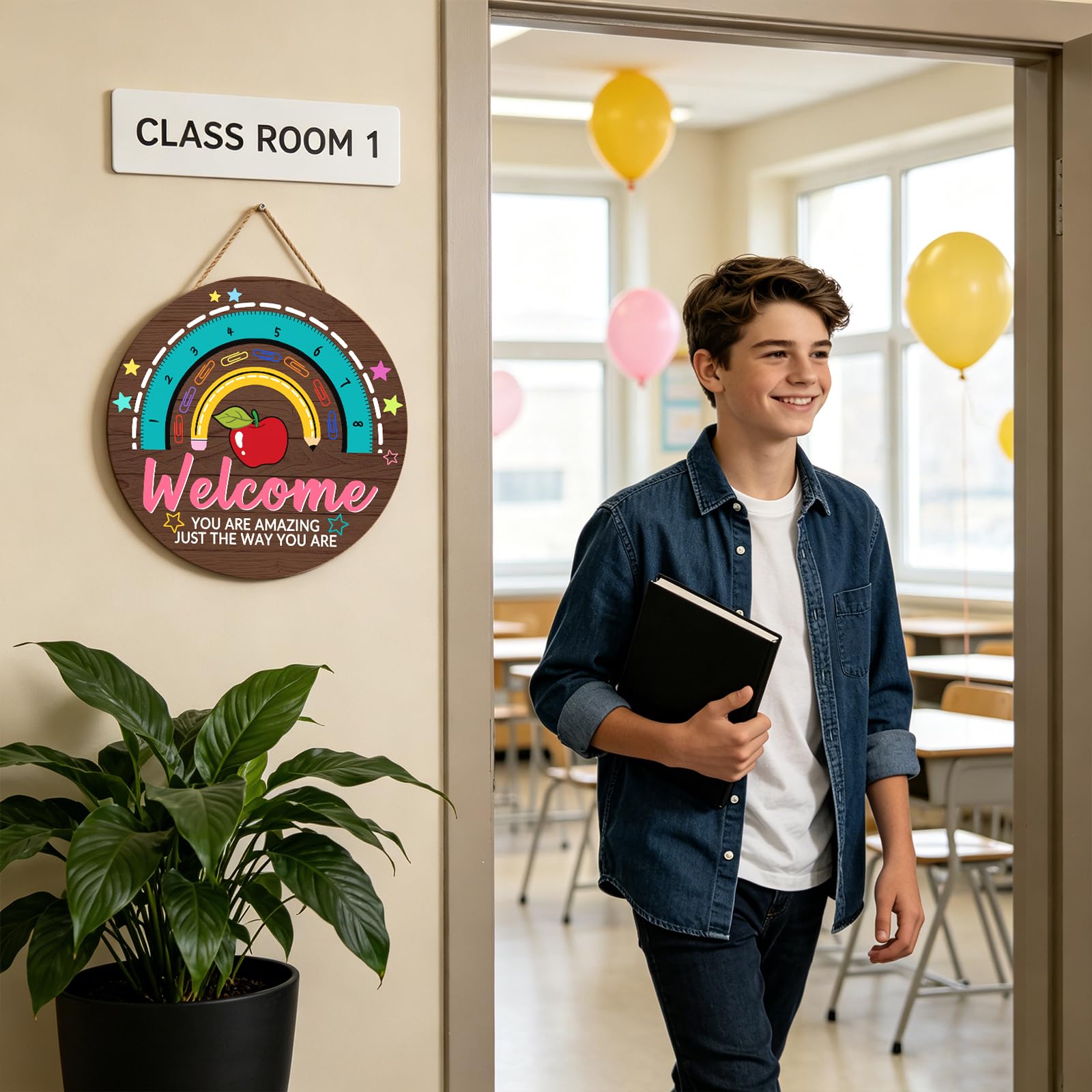 Letrero de puerta de profesor para aula, letrero de bienvenida de 30,5 x 30,5 cm, letrero de bienvenida para aula, corona de profesor, placa colgante de arco iris, cartel de bienvenida para la