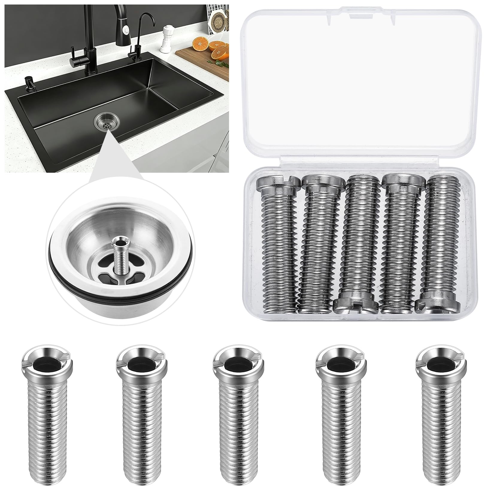 5 Pz vite Cava Tappo Lavandino Cucina, 45mm Vite a Spina in Acciaio Inox per Scarichi Valvola Filtro Lavello