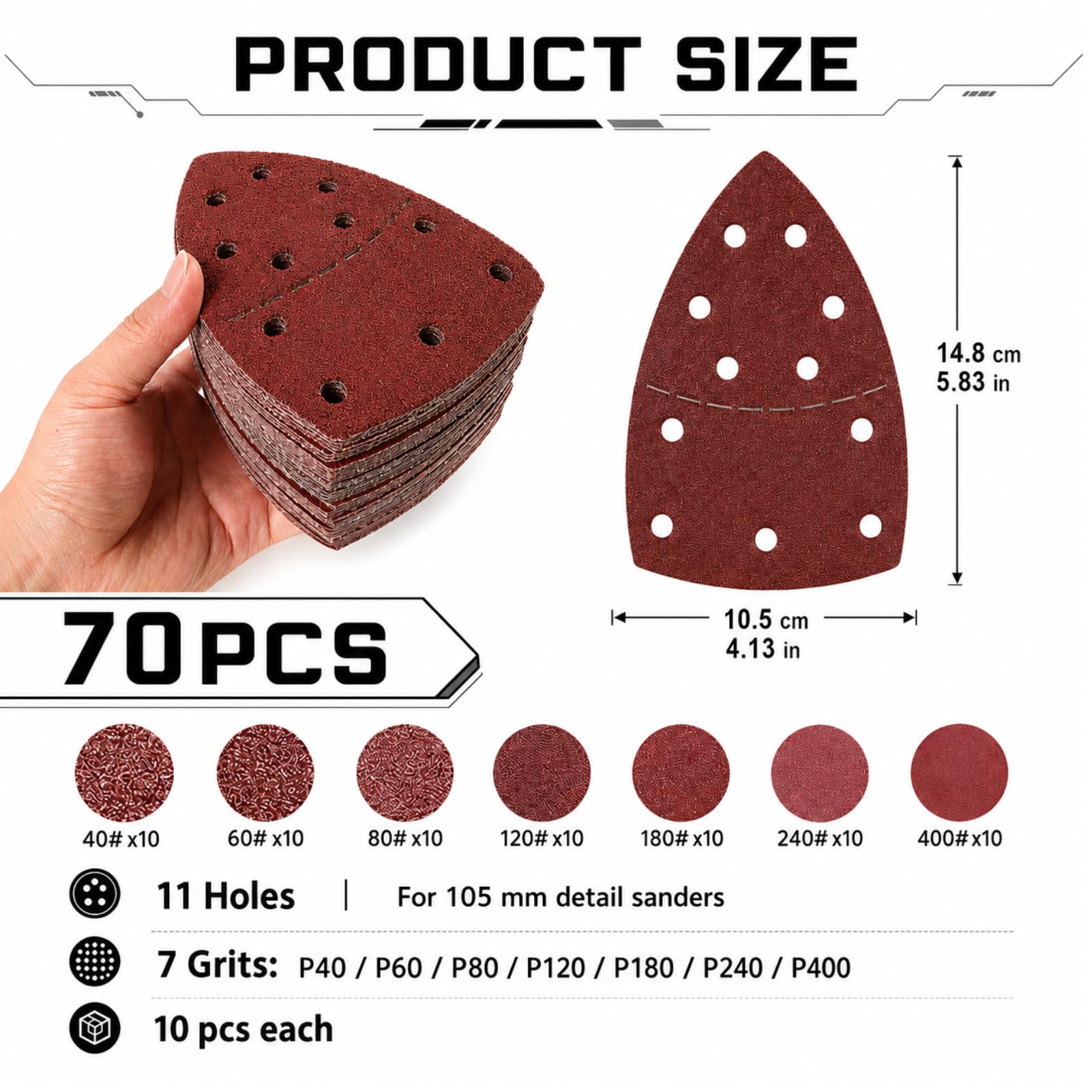 70 Piezas 105x152 mm Papel de Lija Triangular, Papel Lijas Madera, Sanding 11 Agujeros, para Lijadora, Granos 40/60/80/120/180/240, para PSM 100A, 160, 200 AES, 18, PDA 180