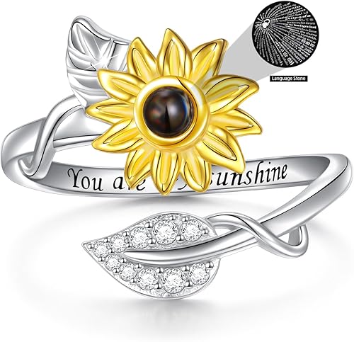 DAOCHONG Anillo de girasol de plata de ley con la frase "You are my sunshine", anillo de piedra con texto en inglés "I Love You", anillo giratorio