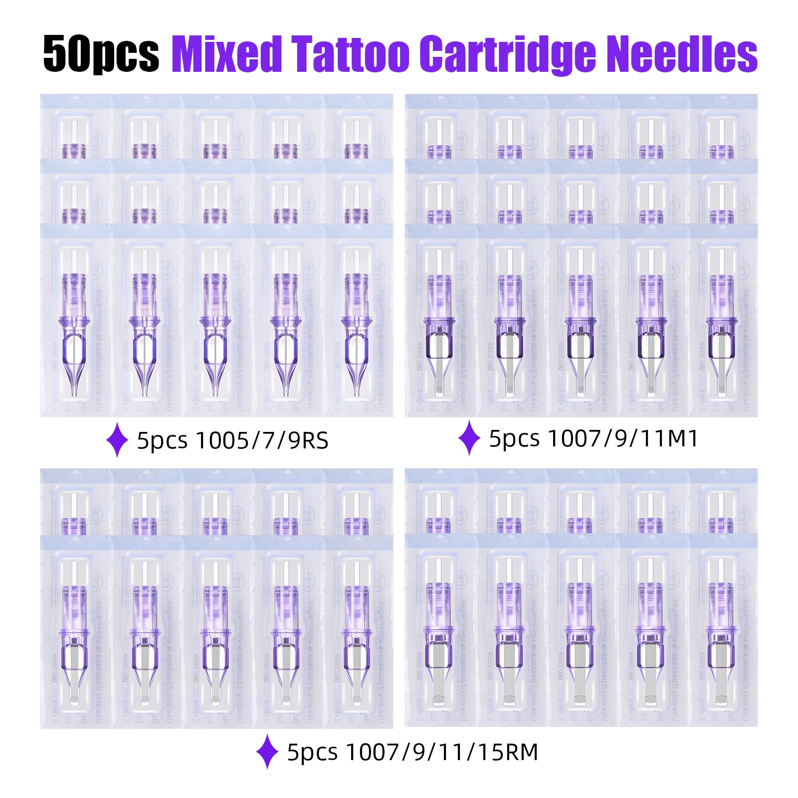 ATOMUS 50pcs Purple Tattoo Cartridge Needles 5pcs 1005RS 7RS 9S 7M1 9M1 11M1 7RM 9RM 11RM 15RM Tattoo Needles for Tattoo Gun Pen Shader Pattern for Pen Rotary Machine Tattoo Supplies
