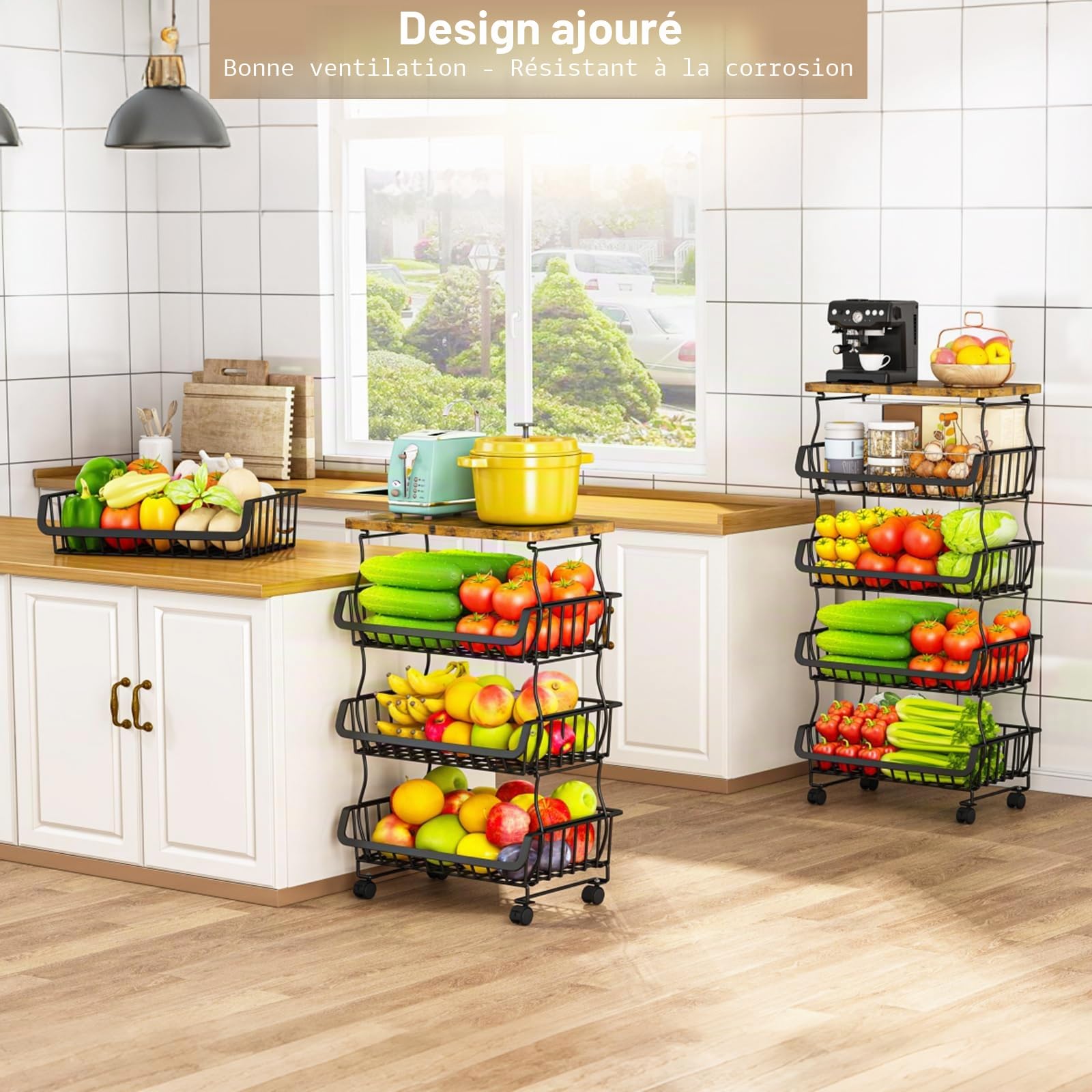 5 Niveaux Organisateur de Cellier Panier à Fruits et Légumes pour Cuisine, pour Étagère, Cuisine, Fruits, Légumes et Salle de Bain Chariot De Rangement à Roulettes