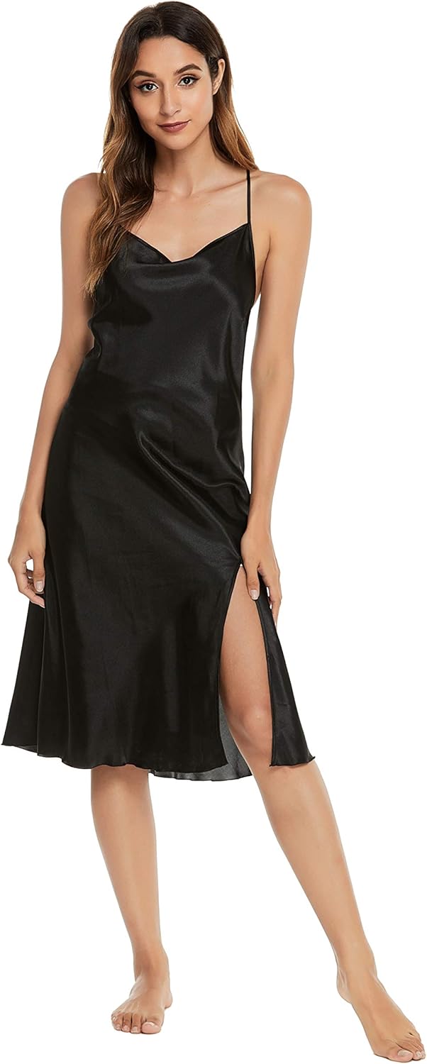 Vlazom Women Sexy Lingerie Satin Nightgown Silk Chemise Mini Slips V Neck Negligee Sleepwear with Adjustable Straps - Image 7