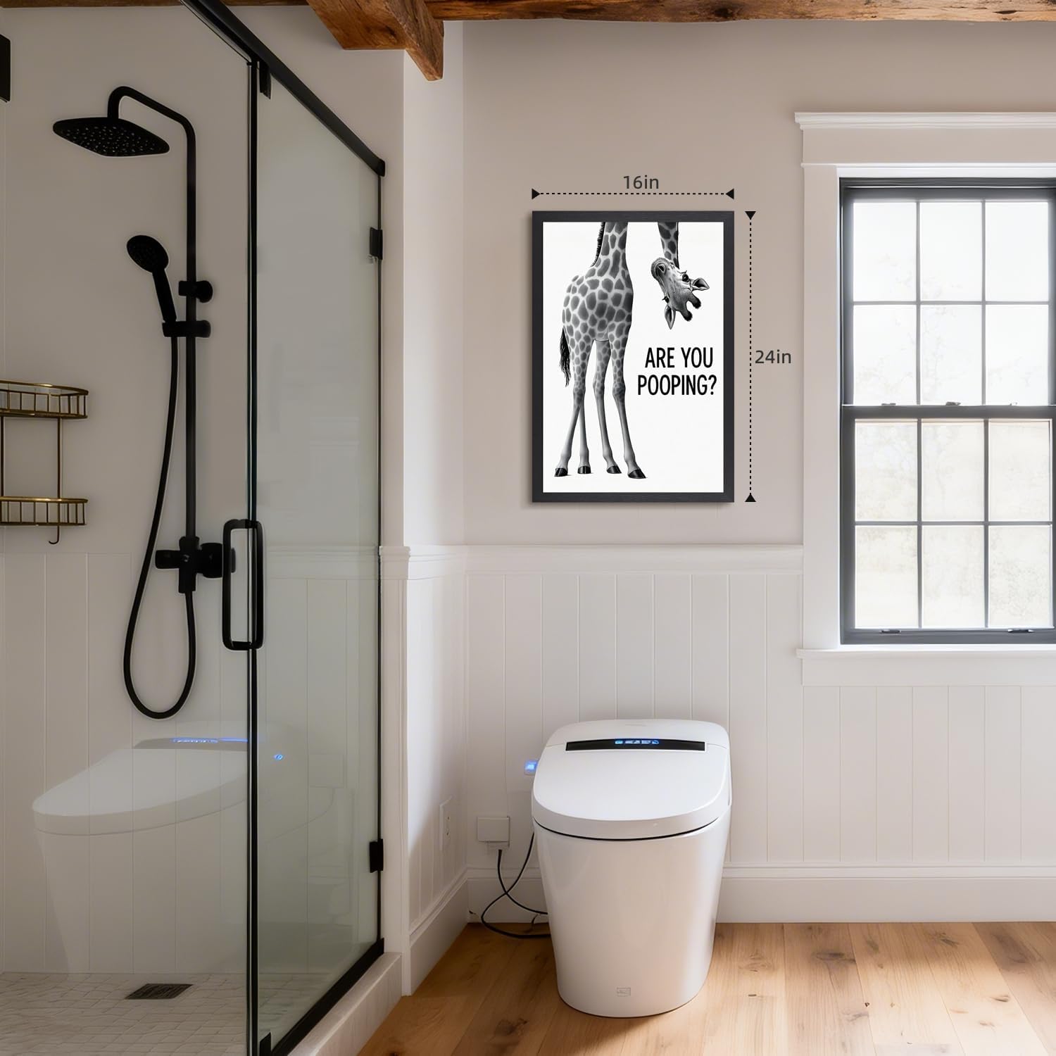 TSTVO Wood Framed Funny Bathroom Wall Art, Rustic Farmhouse Giraffe Wall Decor, Humorous Are You Pooping Canvas Painting, Cute Black White Giraffe Animal Poster Print for Bathroom Restroom 16x24 Inch
