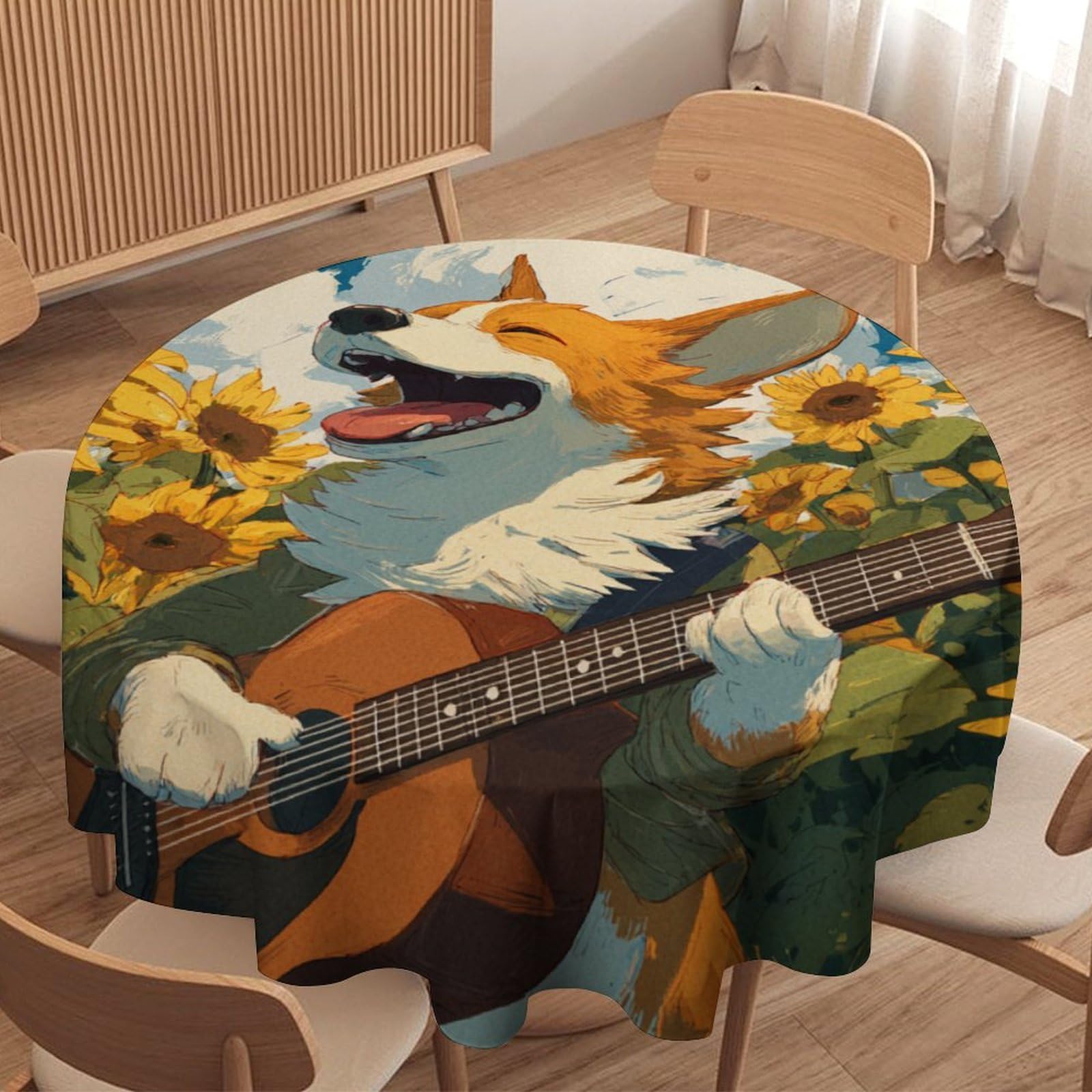 LUYYSKY Classic Funny Dogs Round Tablecloth Beautiful Abstract Spring Farm Sunflowers Animals Puppies Pattern Washable Decor for Table Cover for Kitchen-127 Wx127 L cm