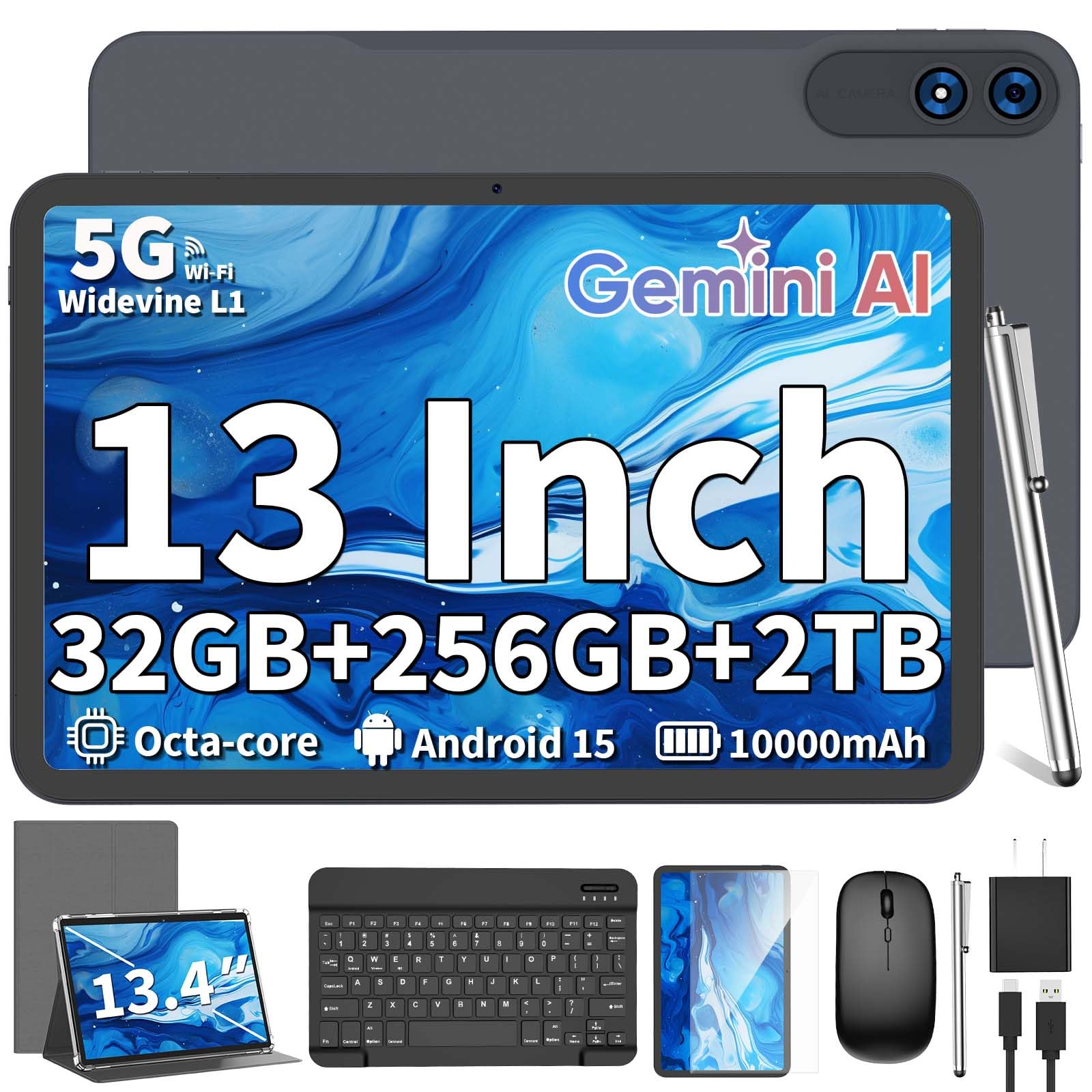 13.4 Inch Tablet Android 15 Tablets, 2025 Upgraded Android Tablet with Keyboard, 32GB RAM+256GB ROM(2TB Expand), Octa-Core, 2K 1920x1200 Display, 16MP Dual Camera, 10000mAh, 2.4G/5G WiFi, GPS (Silver)