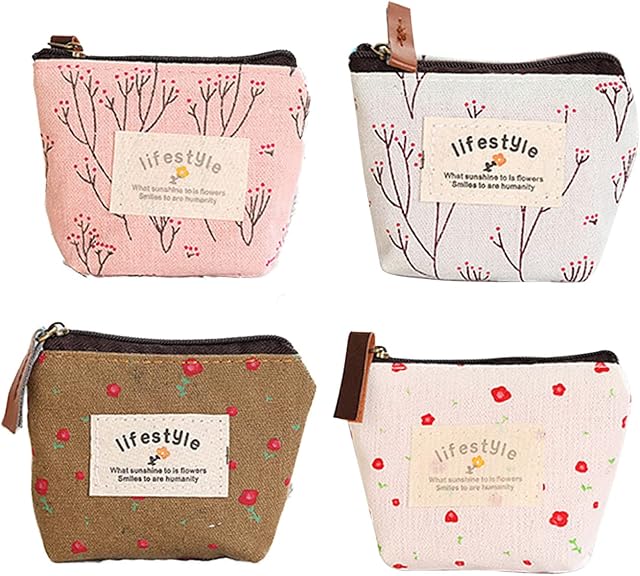 FuninCrea Small Coin Purse, 4 Pack of Different Cute Flower Patterns Canvas Coin Purse with Smooth Zip Mini Wallet for Storing Coin, Credit Card, ID Card, Keys, Lipstick (Colorful)