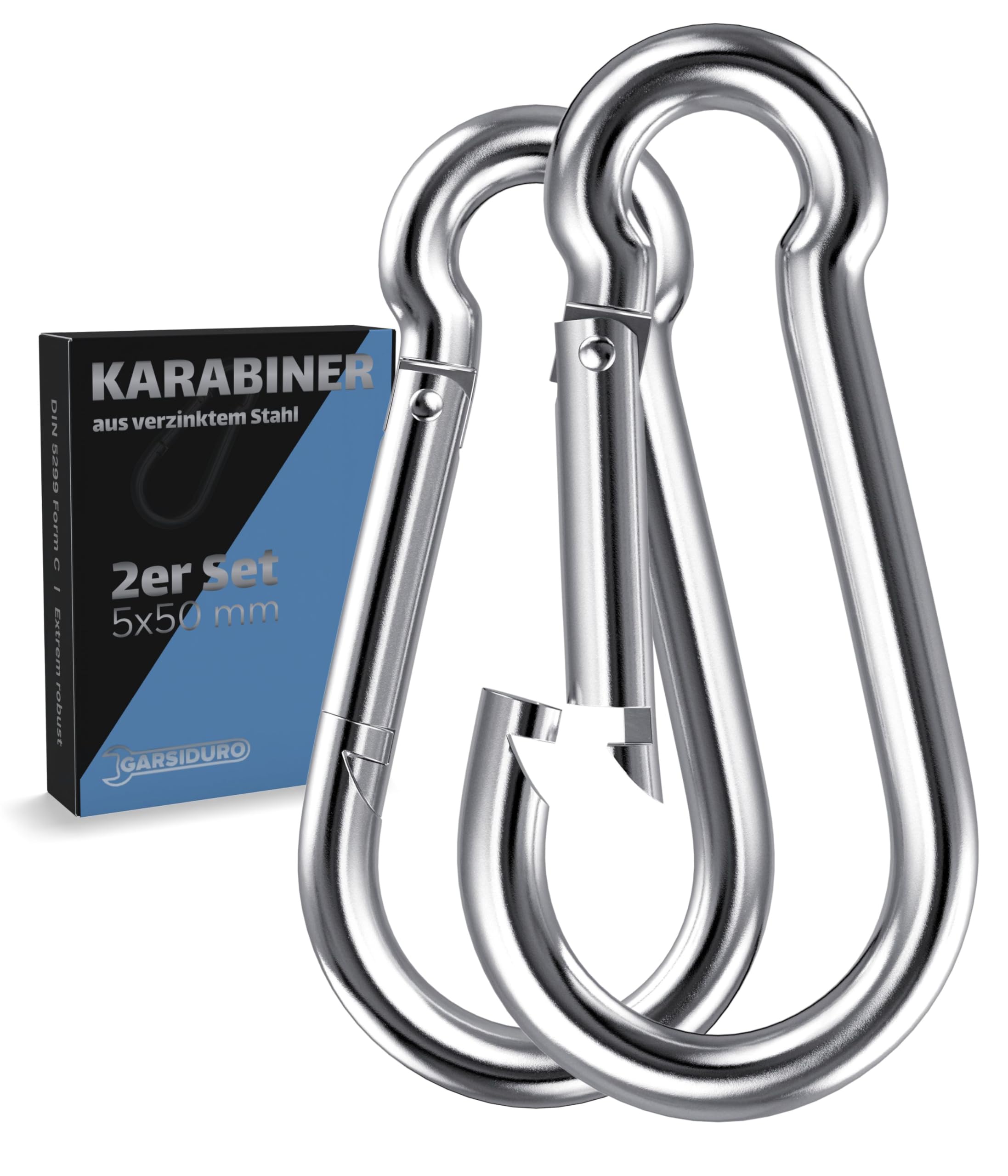 GARSIDURO® Karabinerhaken | 2er Set 5x50 mm | Karabiner Stahl verzinkt DIN 5299 | Feuerwehr-Karabiner mit Schnappverschluss geeignet als Schlüsselanhänger oder für Schwerlast und Hundeleine