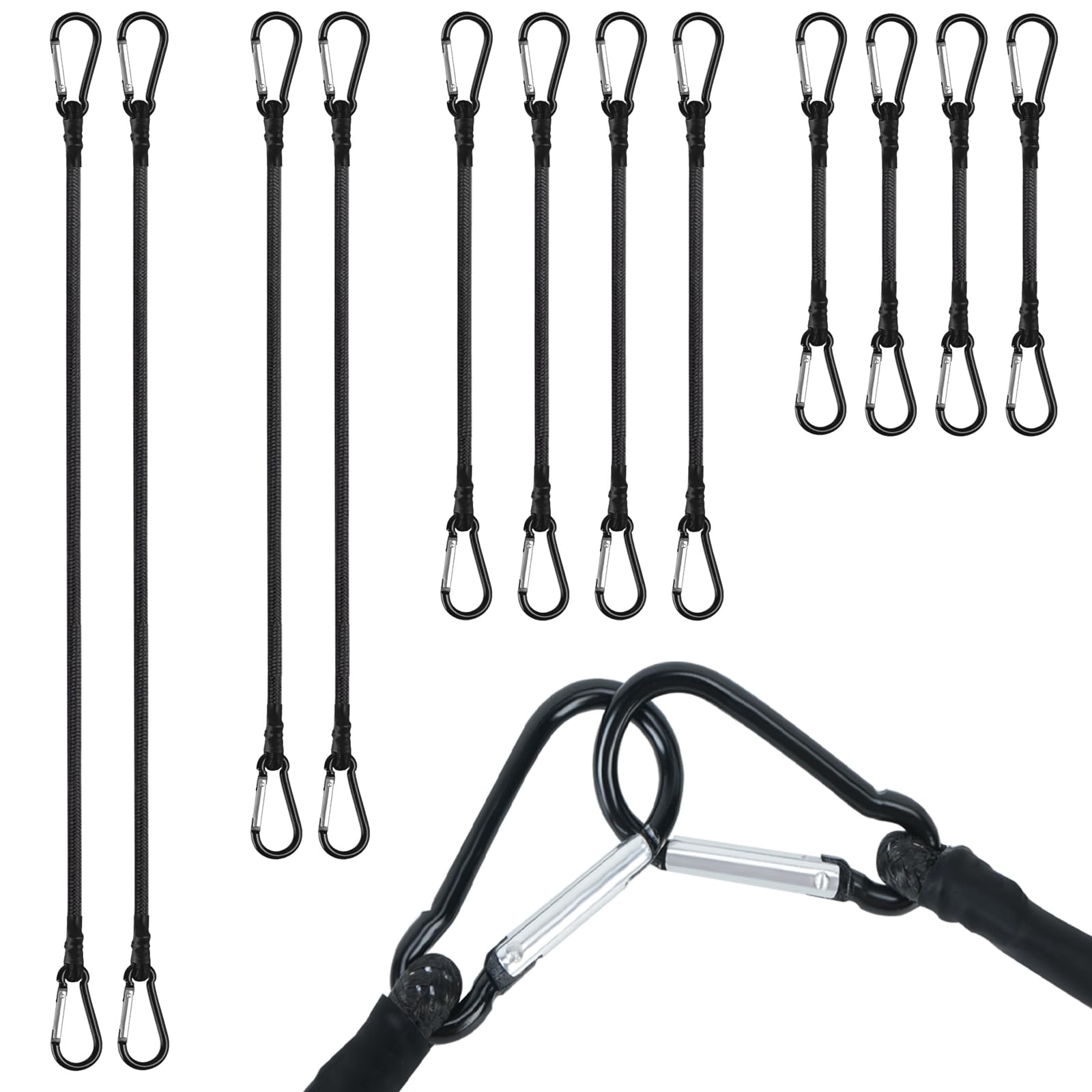 VirtuGro 12Pcs Bungee Cords with Carabiner Clips 30/60/80/100cm Heavy Duty Bungee Cords with Hooks Black Elastic Bungee Straps for Camping, Tarpaulin, Bike Rack, Tent, Car, Outdoor, Garden, Roof Rack — image 1