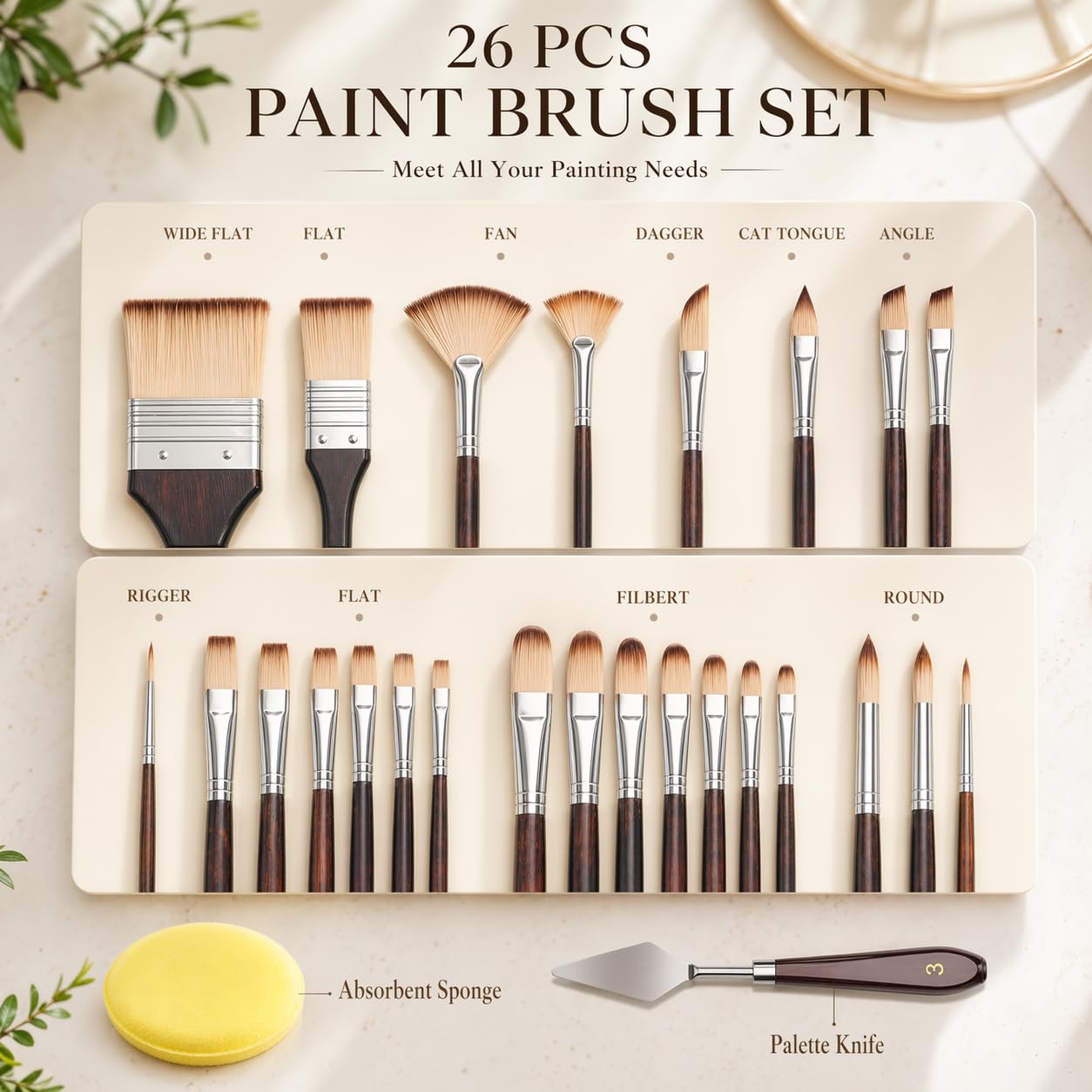 Juego de 26 pinceles para acuarela y pintura al óleo, pinceles de pintura acrílica de acuarela de viaje con plano, filbert, ventilador, daga, lengua de gato, redondo, cuchillo de paleta, kit de