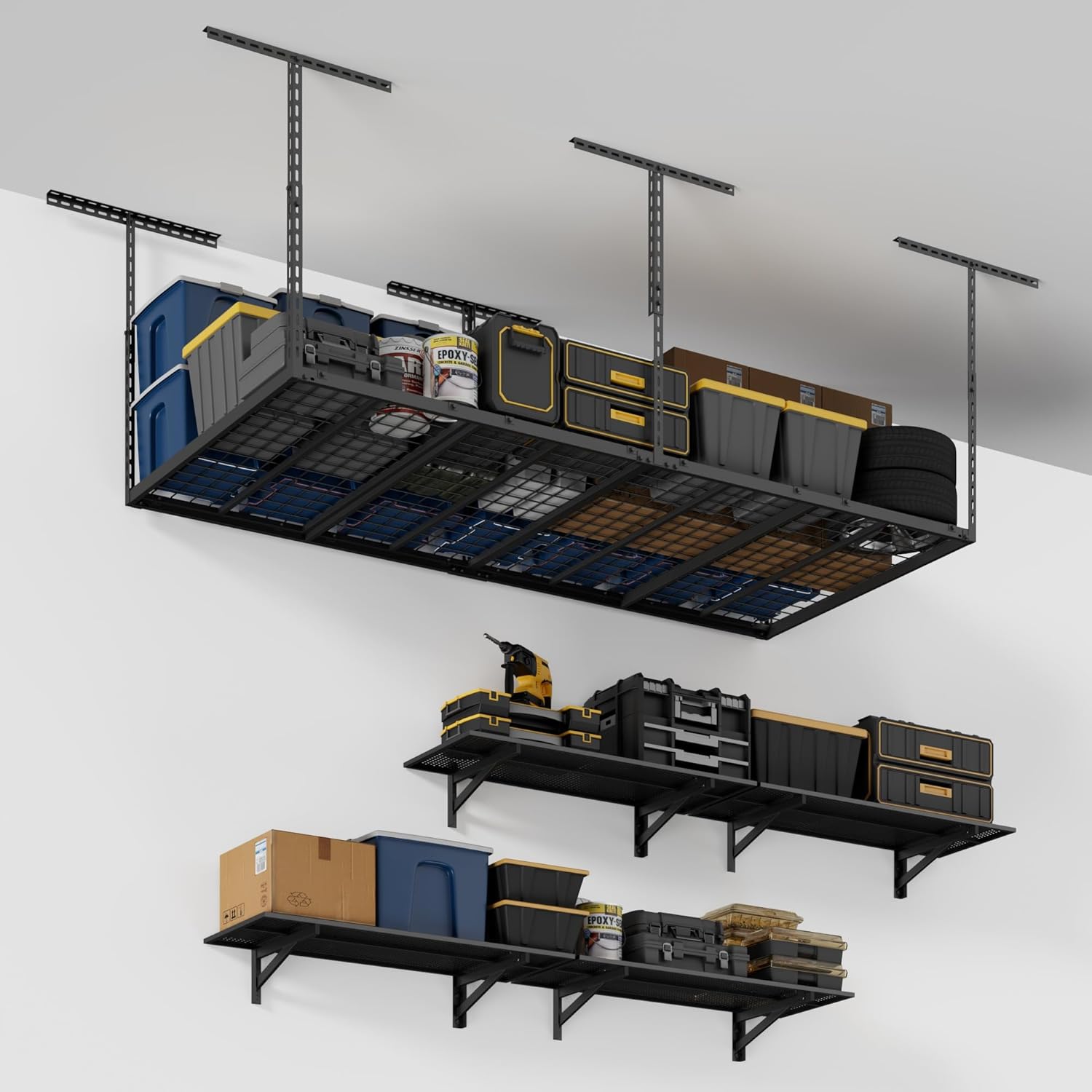 4X8FT Overhead Garage Storage Rack, 750lbs Capacity and 4 Pack 1.5x4ft Heavy Duty Garage Wall Shelving, 1400lbs Capacity,Black