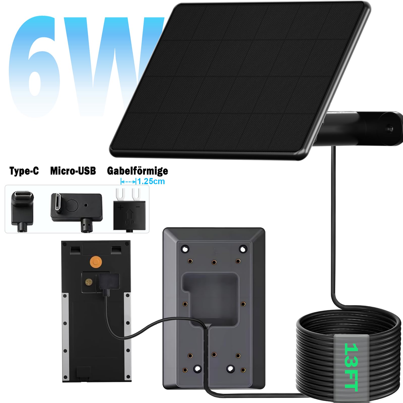6W Solarladegerät für batteriebetriebene Ring-Türklingeln, 4m Ladekabel, Micro-USB & Type C & Gabel-Stromanschluss, IP66 wasserdicht