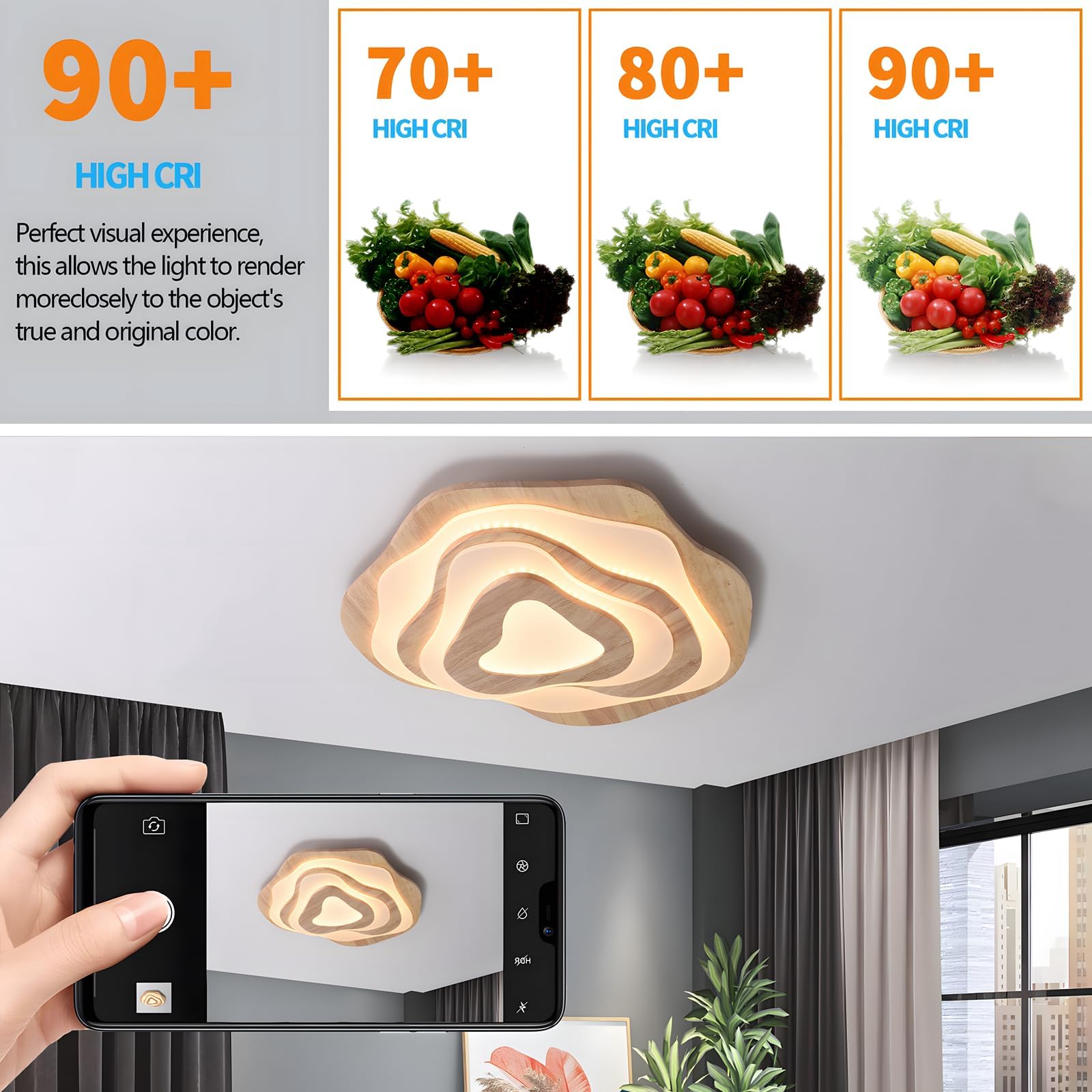 Lámpara Techo LED Madera | Ø57cm 50W 4300lm | 3000K-6000K Regulable Con Control Remoto, Lámpara Moderna Madera Natural + Nubes Acrílicas, Sala Estar Dormitorio Infantil Cocina Comedor Casa
