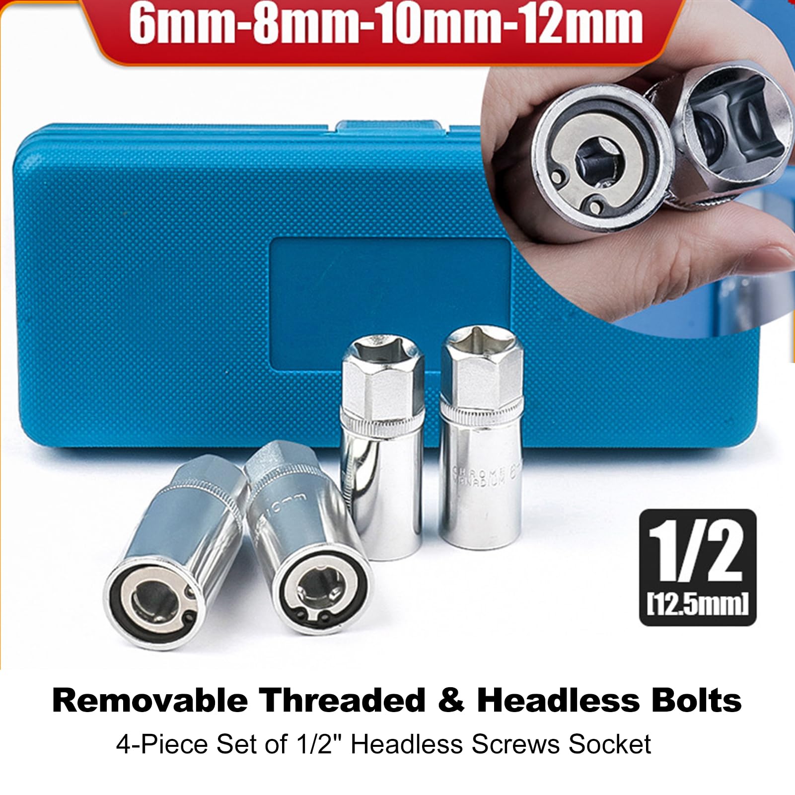 Juego de 4 extractores de espárragos de alta resistencia, herramienta para espárragos métricos de 12,5 mm, extractores de espárragos con accionamiento cuadrado, 6/8/10/12 mm, resistentes y portátile