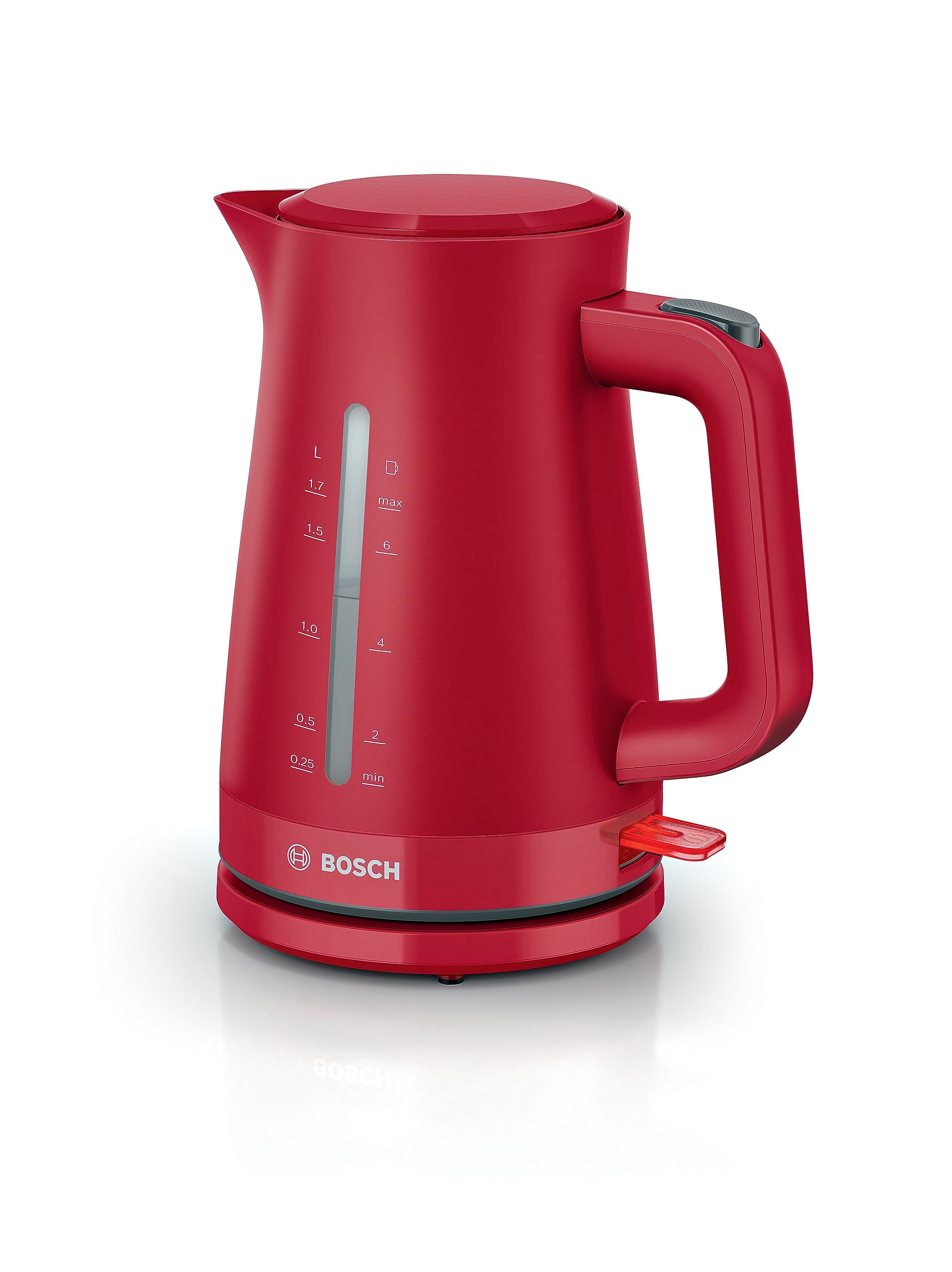 Bosch kabelloser Wasserkocher MyMoment TWK3M124, Abschaltautomatik, Überhitzungsschutz, Tassenanzeige, beidseitige Wasserstandsanzeige, entnehmbarer Kalkfilter, 1,7 L, 2400 W, Rot matt