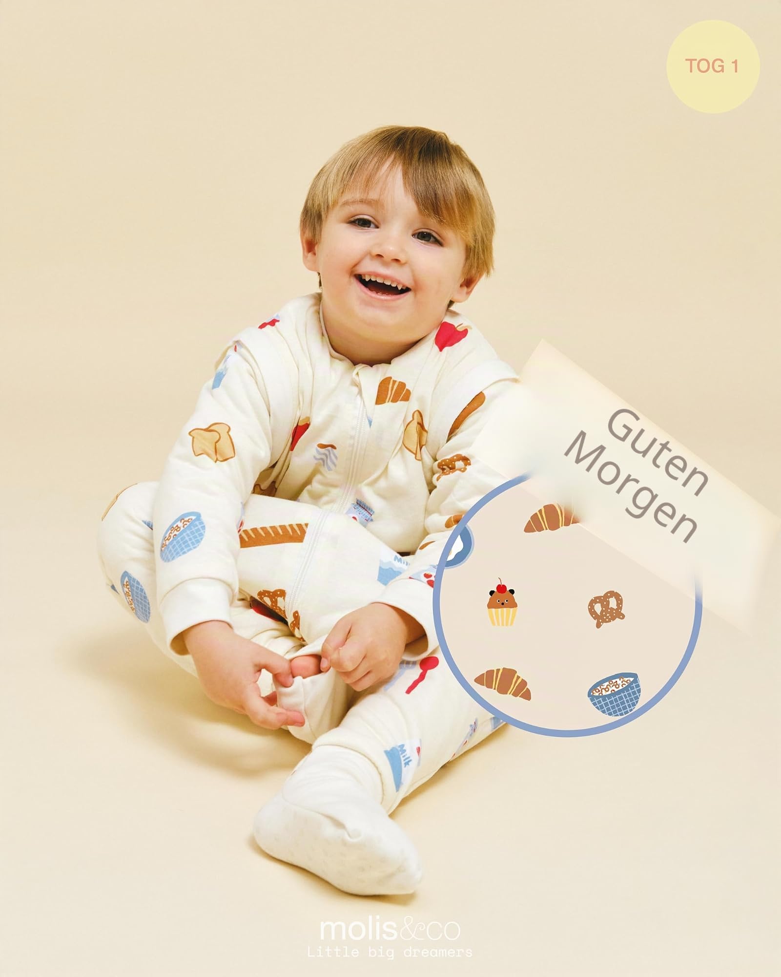 molis&co - Baby Schlafsack mit Füßen, abnehmbare Ärmel und Socken - Babyschlafsack 1 tog - Leicht gepolstert - 100% Baumwolle (Oeko-TEX 100), Premium Qualität - Good Morning (100 cm)