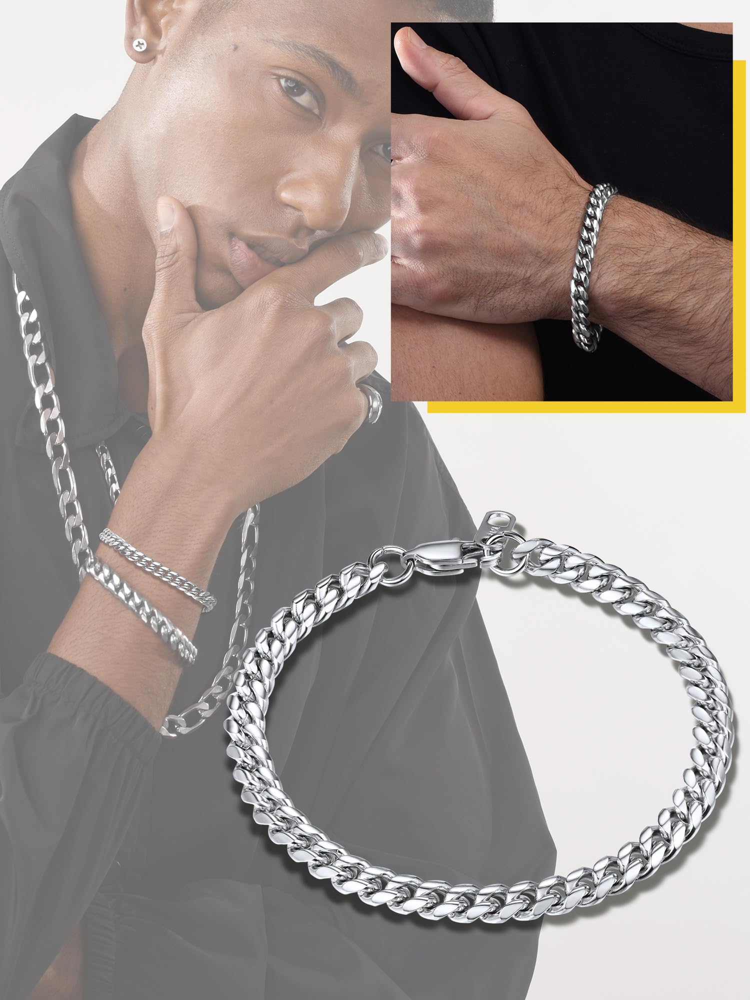 PROSTEEL Bracciale Uomo, Argento Nero Oro, Acciaio Inox Impermeabile,Catena Cubana Robusta Grossa, Hip Hop Punk
