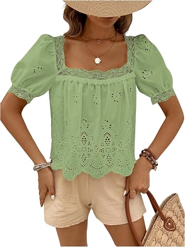 SweatyRocks Women's Eyelet Lace Puff Sleeve Embroidered Top Blouse Green