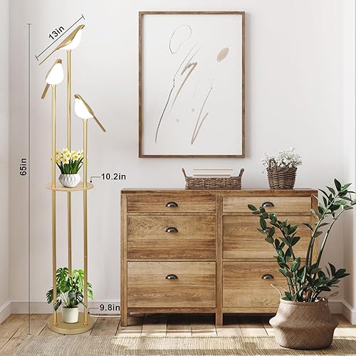 Miniatura 4 de Lámpara de pie dorada para sala de estar con estantes, moderna luz de pie de mediados de siglo con 3 luces LED ajustables, lámpara alta de esquina