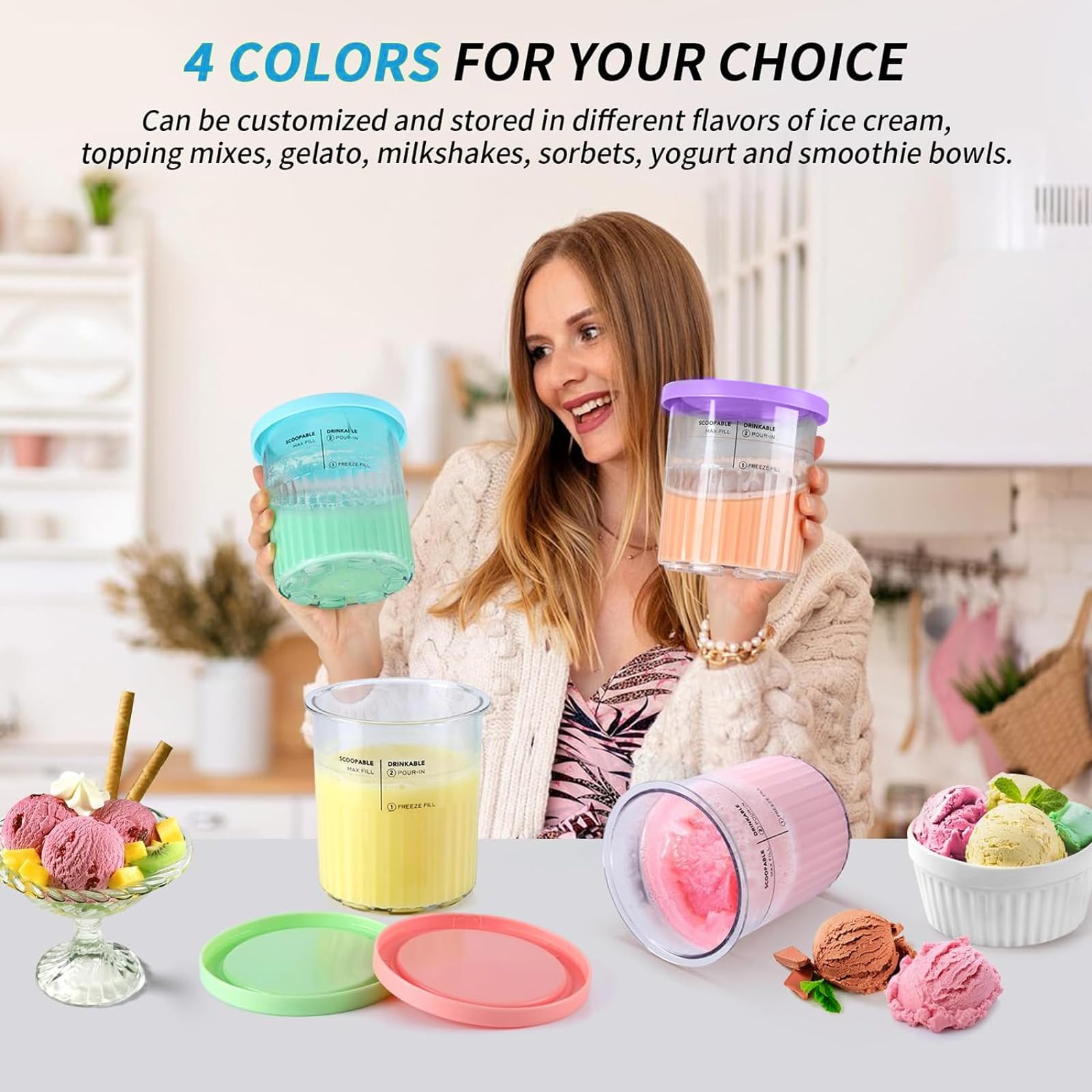 Recipiente para Helados,4 Piezas Accesorios para Recipiente para Hacer Helados 680ML,Recipiente Creami para Máquina de Helado Ninja Creami,para la Serie NC501 NC500,Sin BPA