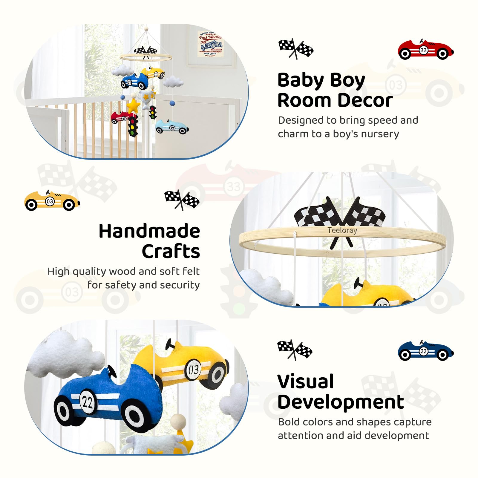 Mobile pour bébé pour berceau, voiture de course, berceau pour garçons, fait à la main, décoration de chambre d'enfant, drapeau de course à carreaux noir et blanc, décoration à suspendre