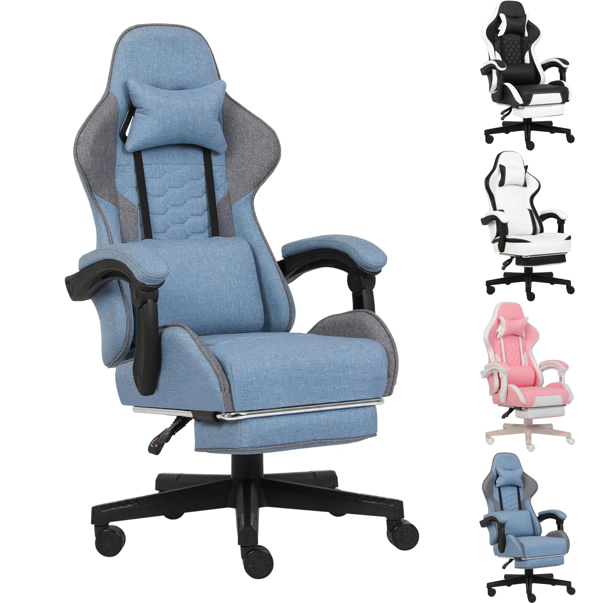 Opiesit Silla de juegos, sillas de juego para adultos con reposapiés, sillas de computadora con soporte lumbar, silla reclinable ergonómica de altura ajustable, tela azul