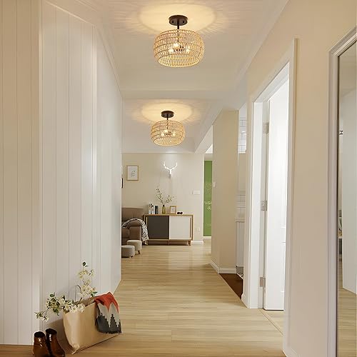 Miniatura 5 de Bosomfr Lámpara de ratán de 3 luces, lámpara de techo estilo bohemio, estilo retro, semiempotrada, tejida a mano, lámpara de techo retro, lámpara de